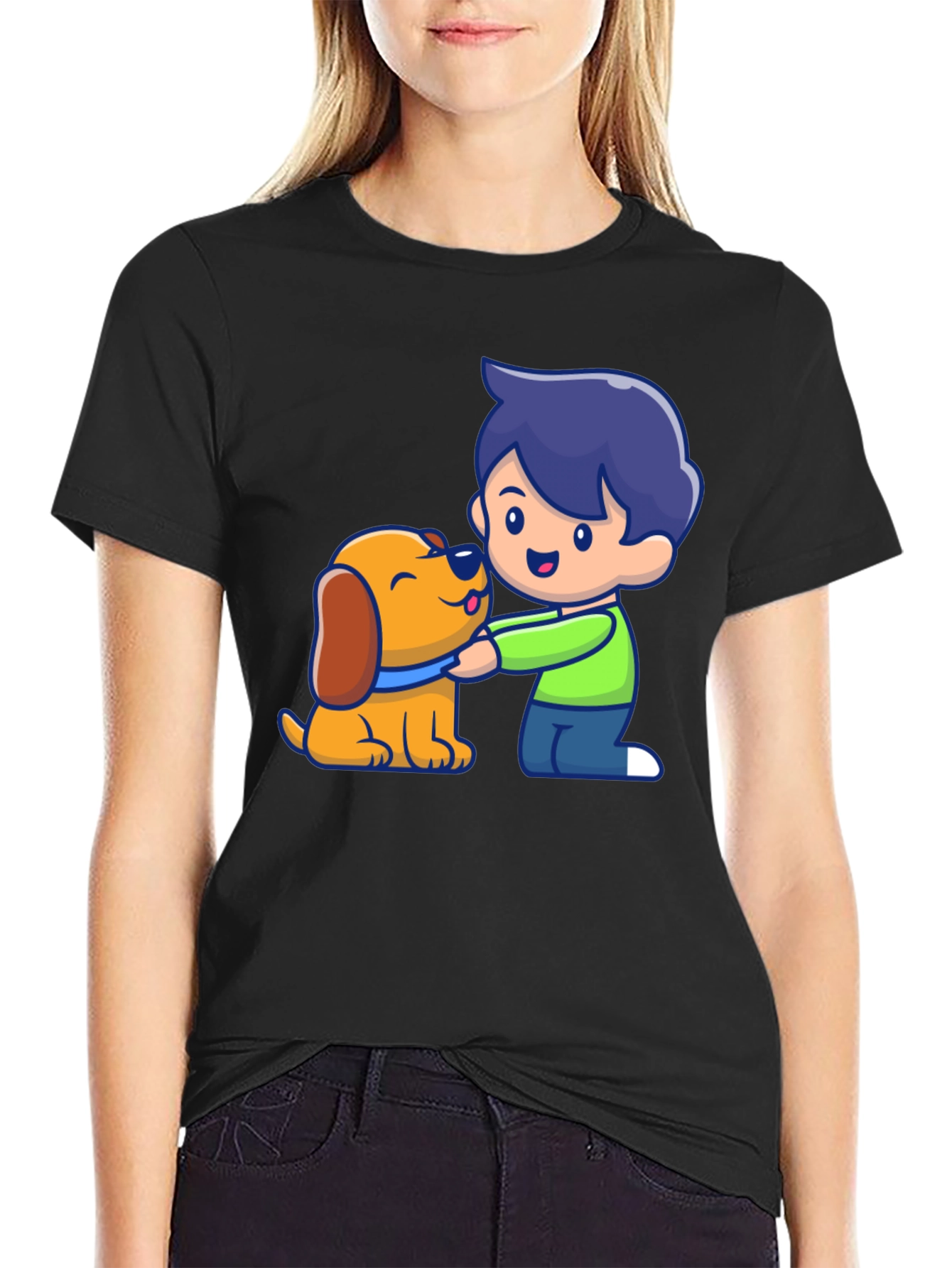 Boy and Dog Cartoon Graphic T-Shirt