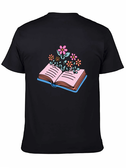 Book & Flowers Graphic Tee - Unisex Black T-Shirt