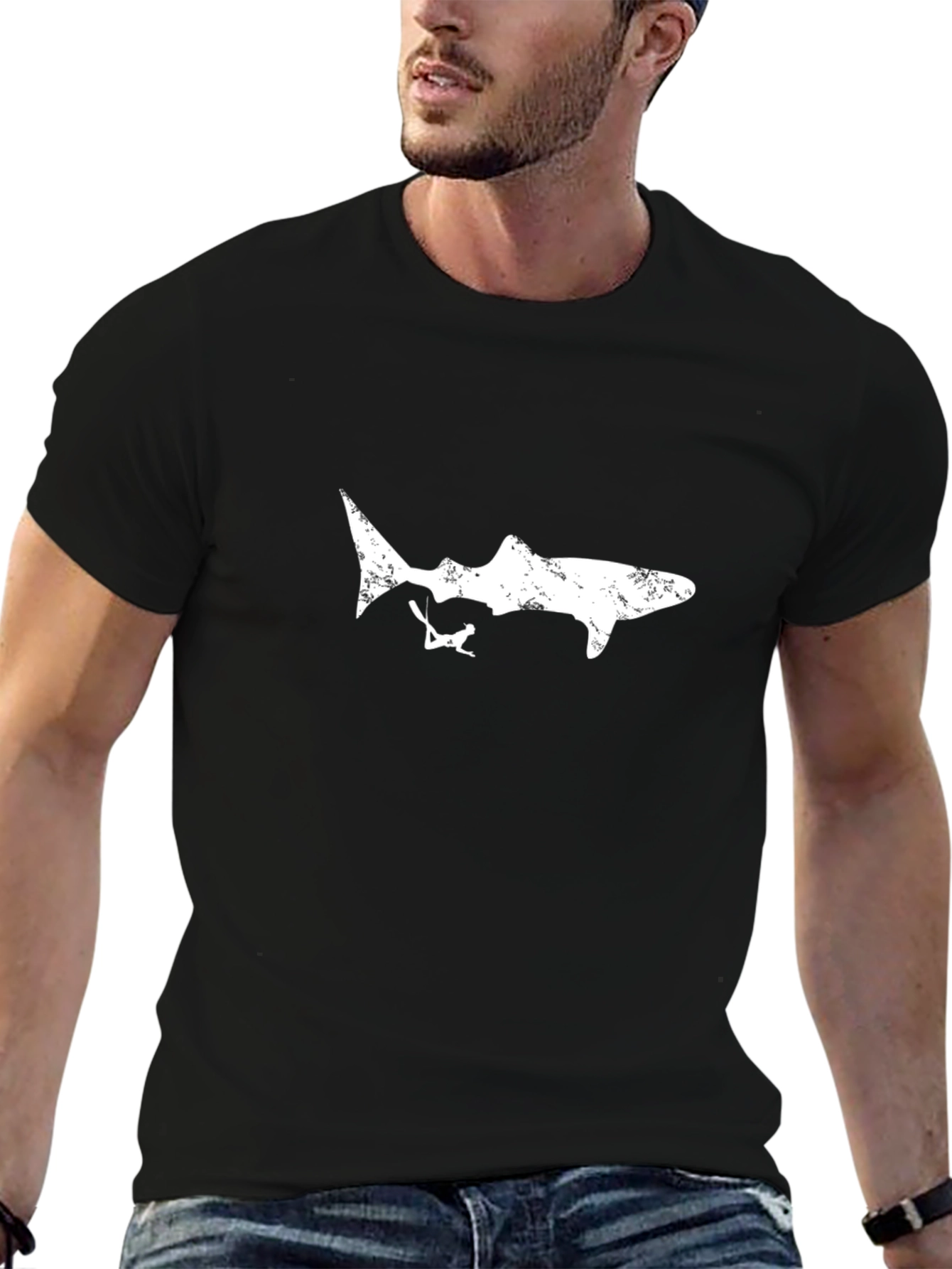 Shark Diver Graphic Tee - Black Cotton Casual