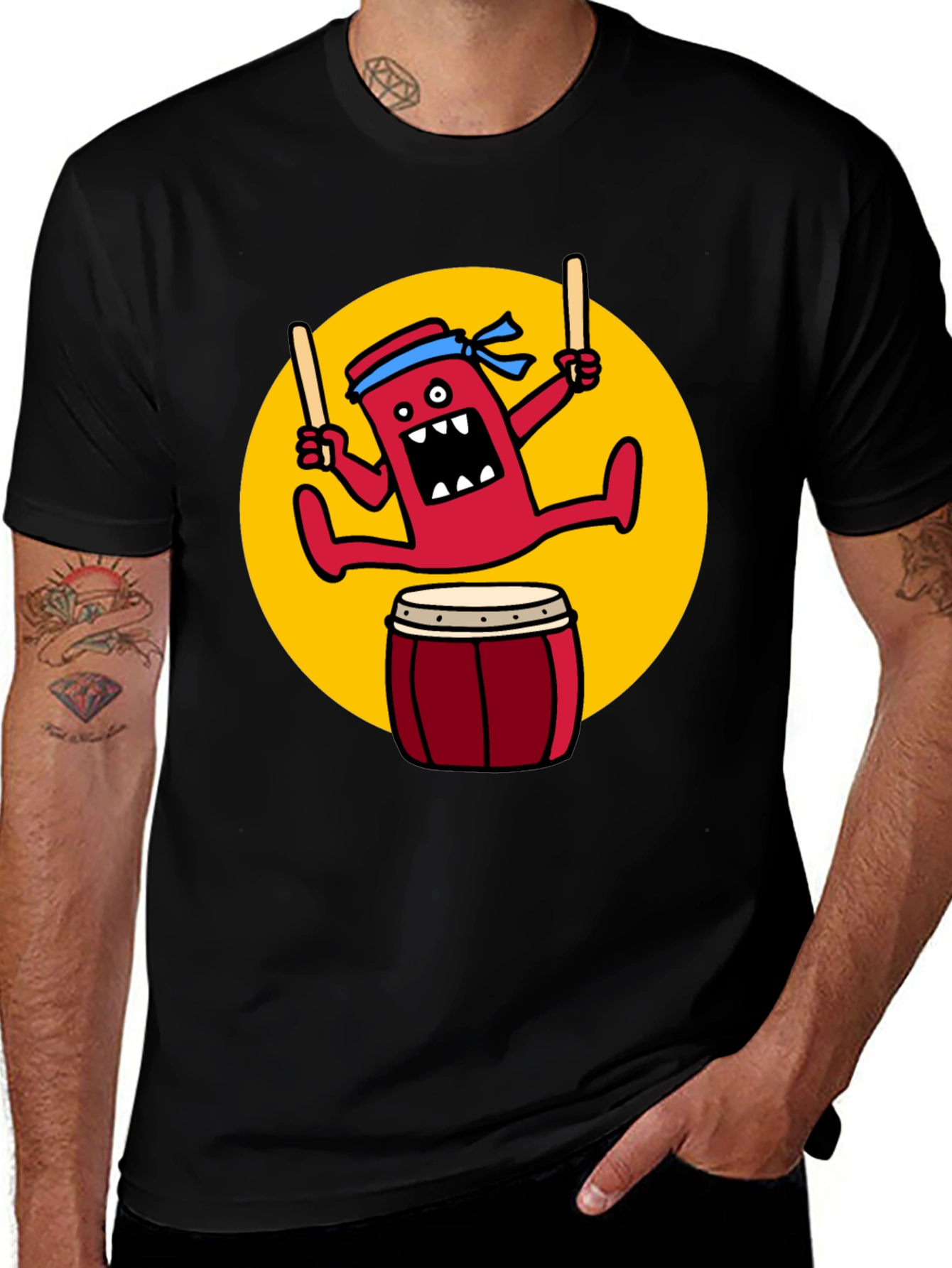 Drumming Monster Graphic Tee - Black Cotton Blend