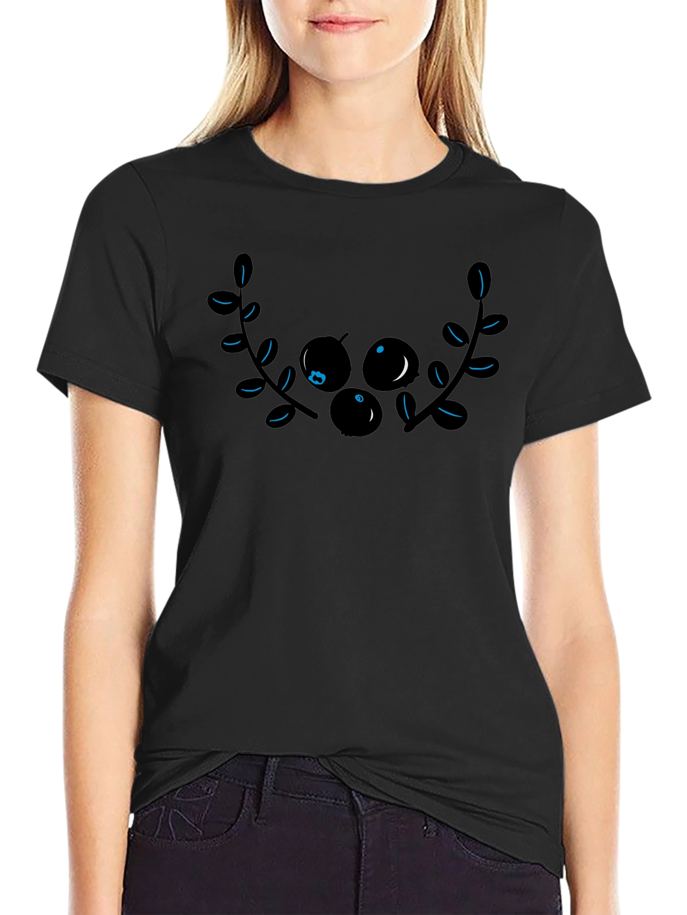 Black Graphic Tee with Berry Branch Design