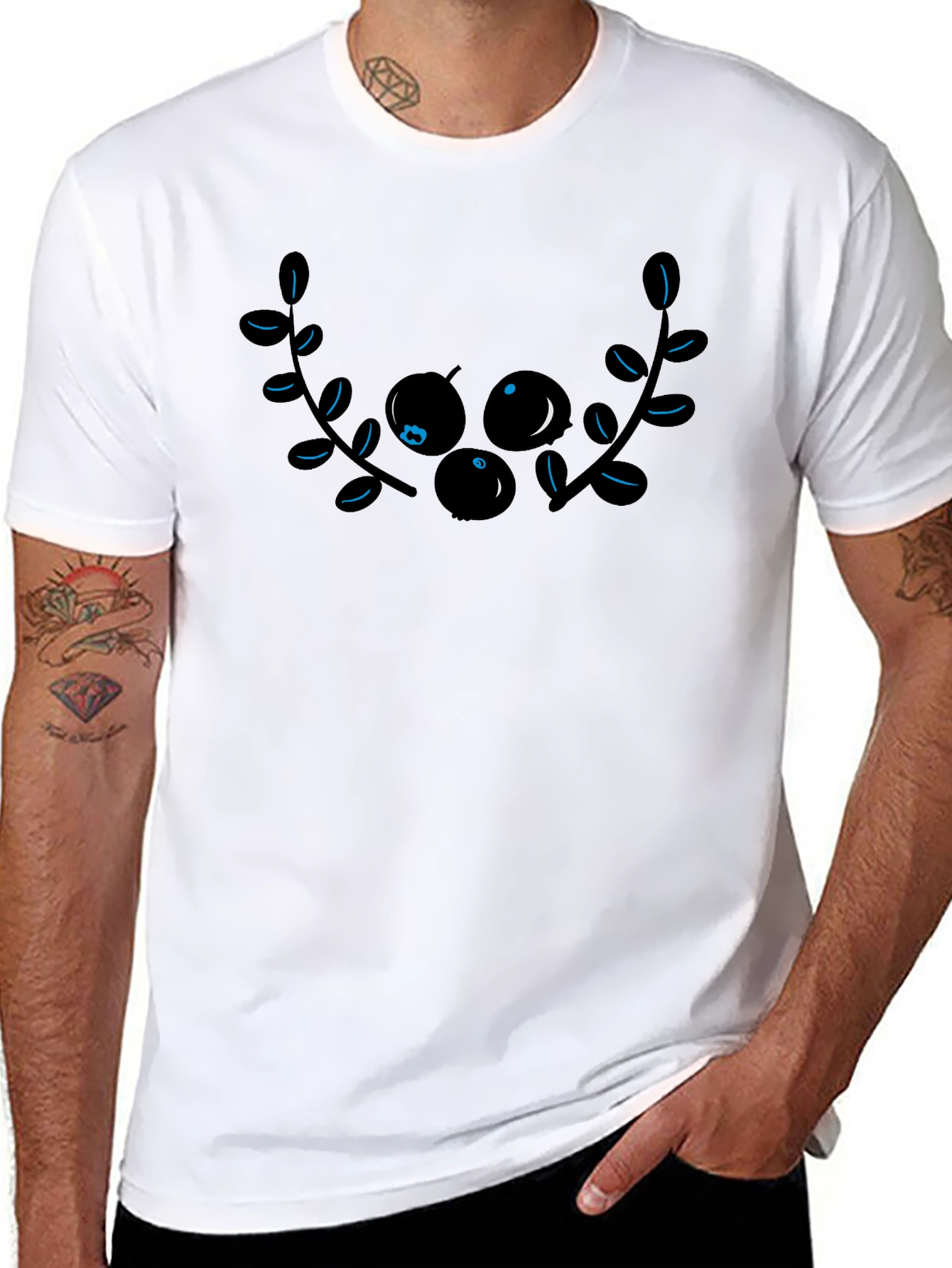 Black Graphic Tee with Berry Branch Design