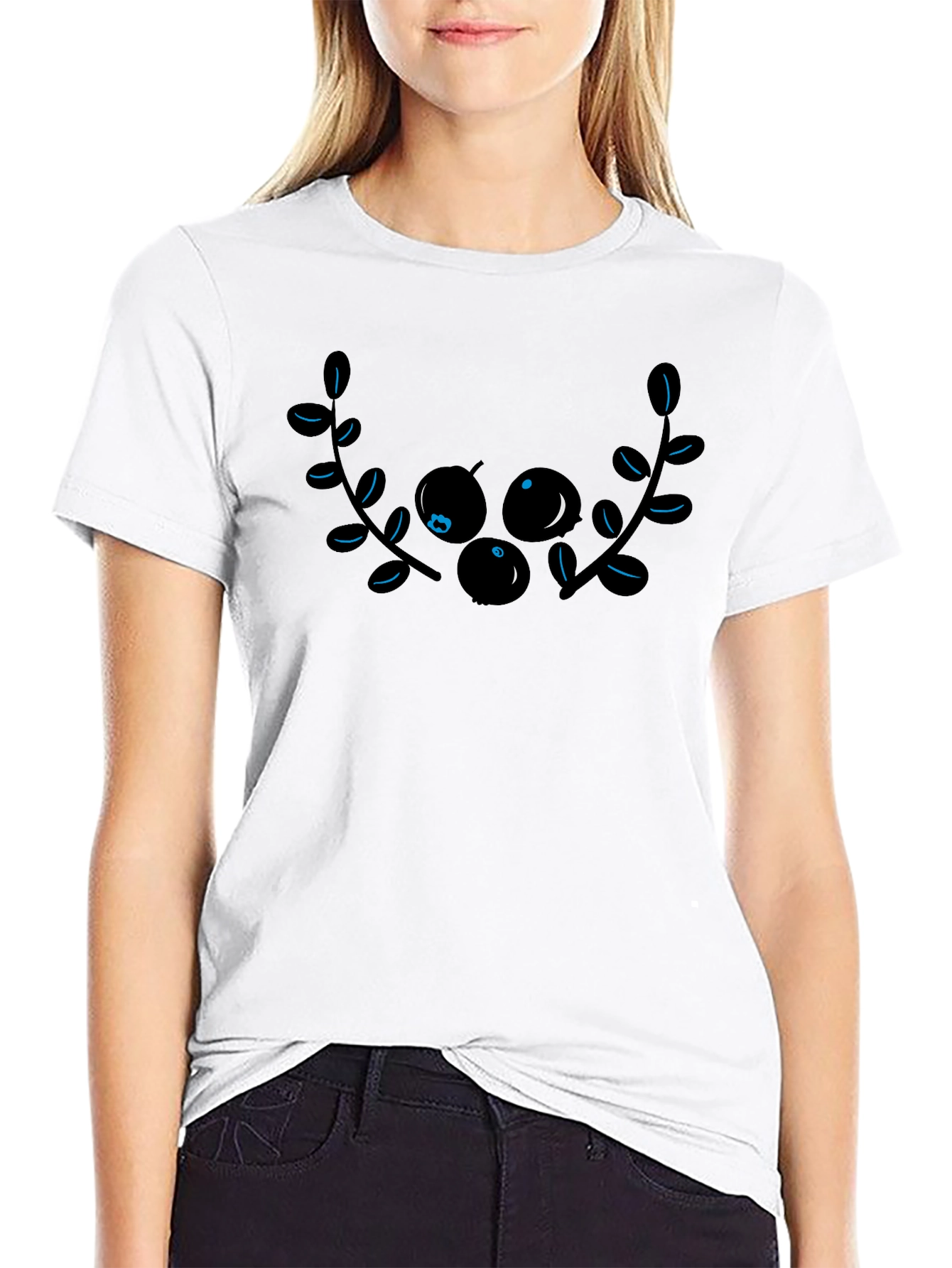 Black Graphic Tee with Berry Branch Design