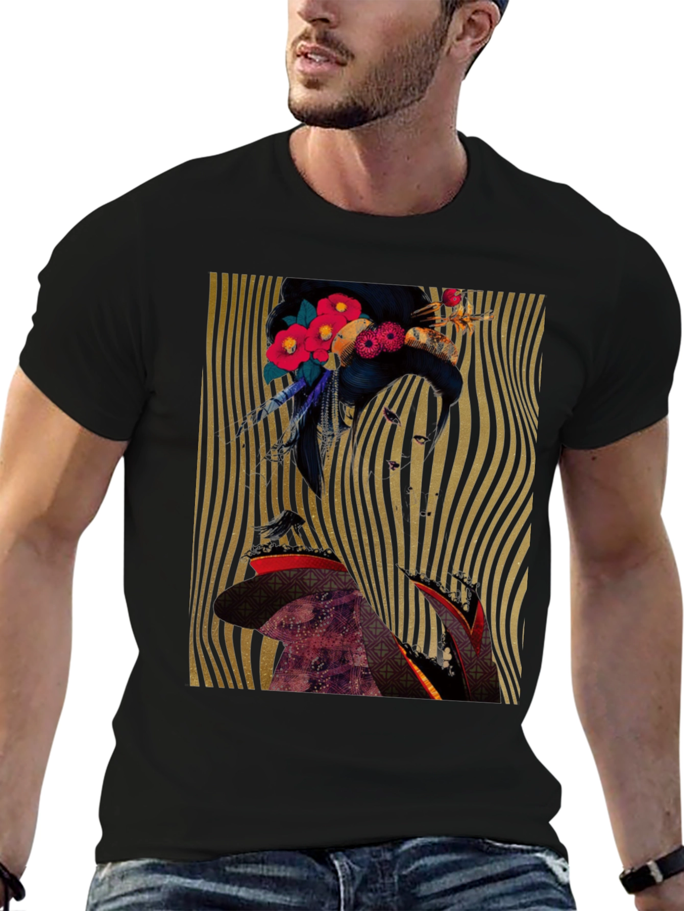Floral Geisha Graphic Print Black T-Shirt