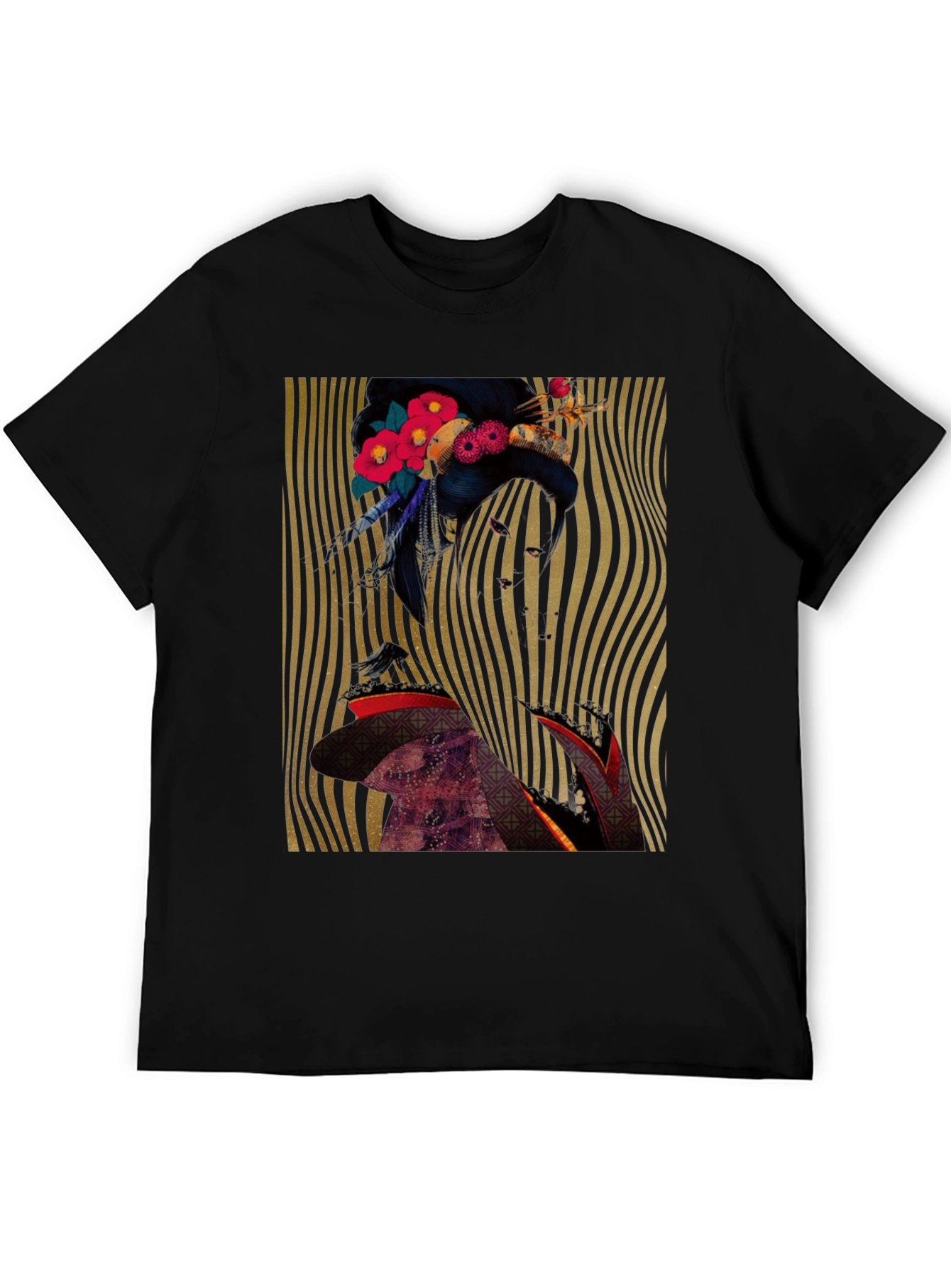 Floral Geisha Graphic Print Black T-Shirt