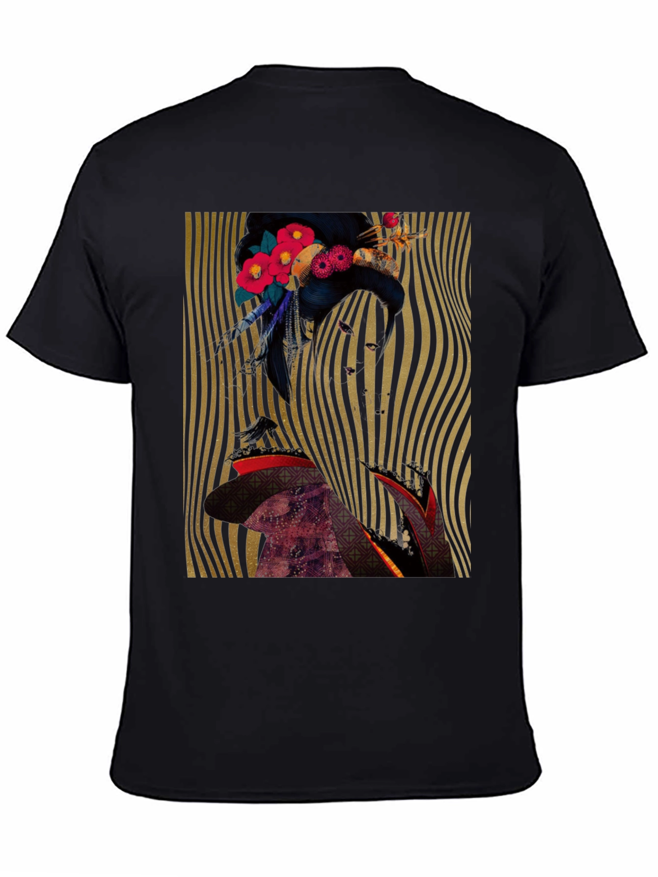 Floral Geisha Graphic Print Black T-Shirt