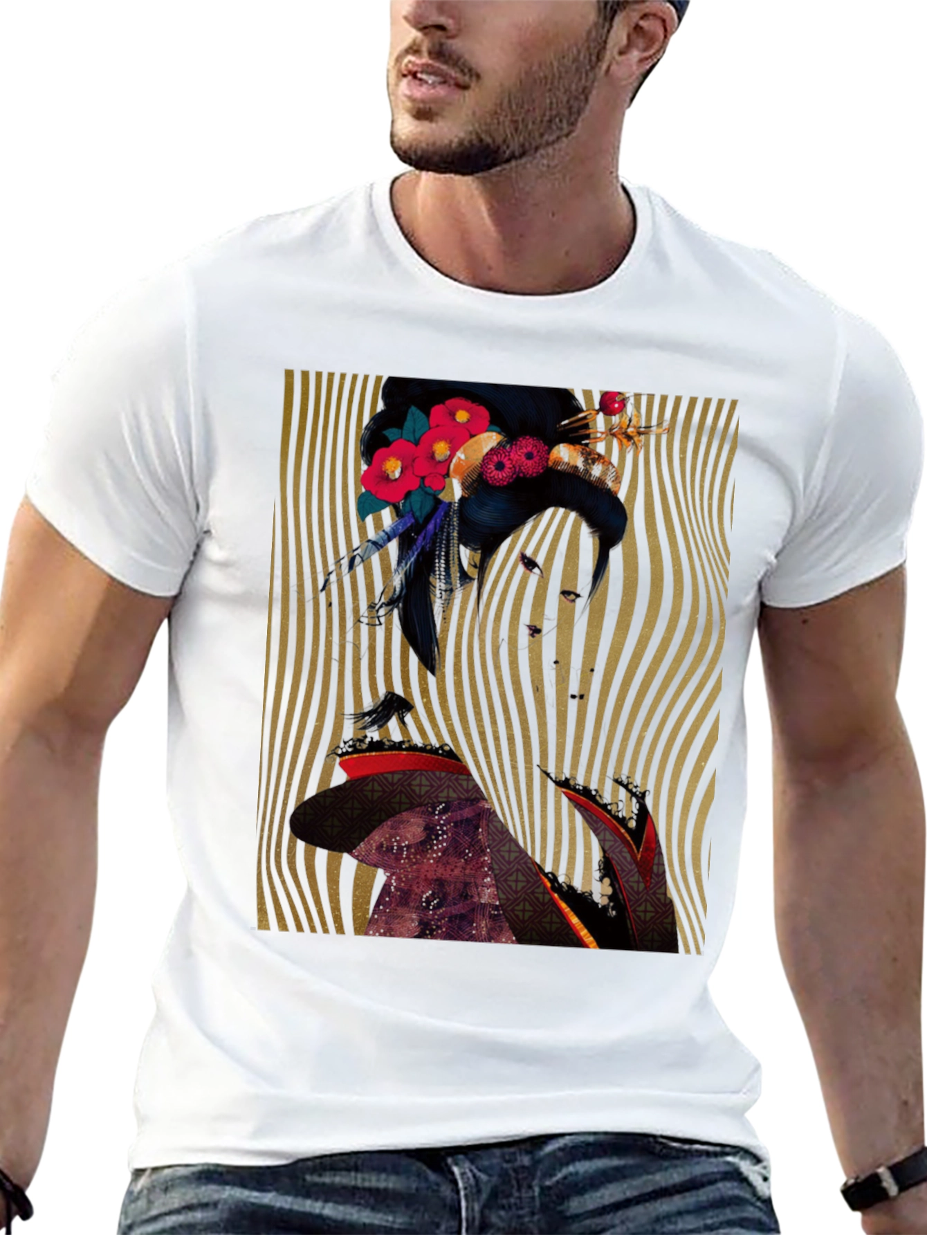 Floral Geisha Graphic Print Black T-Shirt