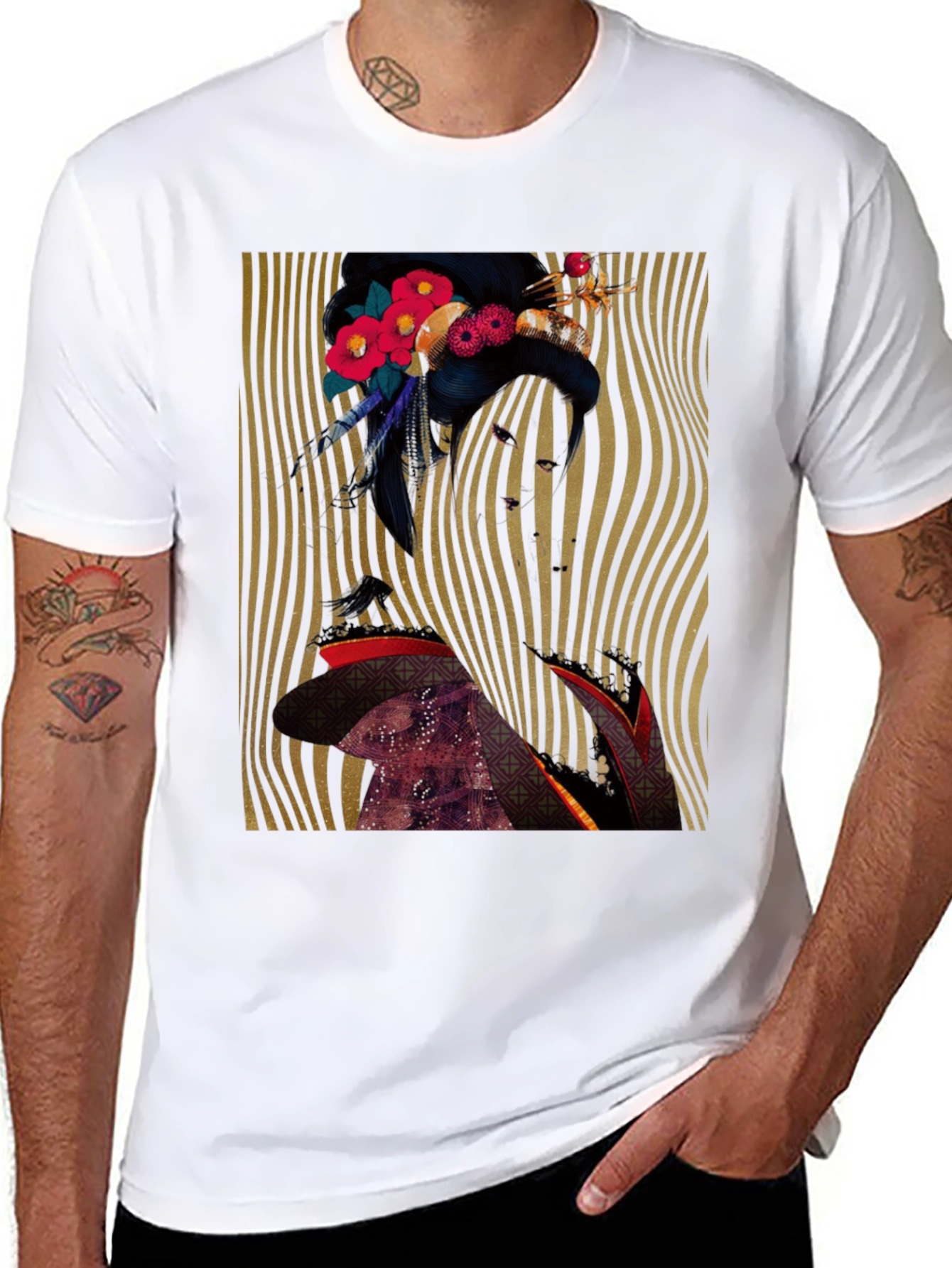 Floral Geisha Graphic Print Black T-Shirt