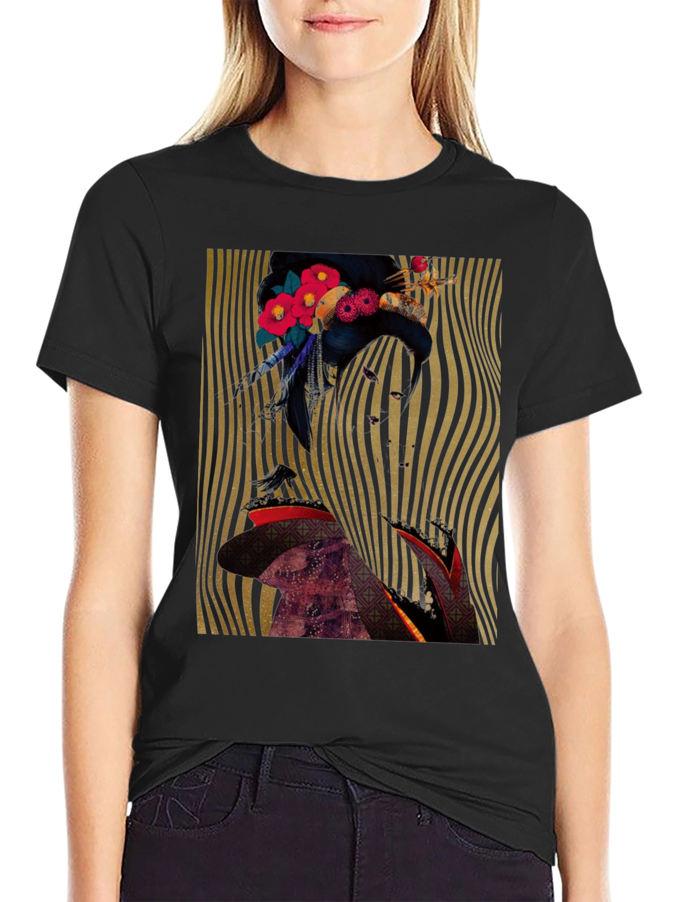 Floral Geisha Graphic Print Black T-Shirt