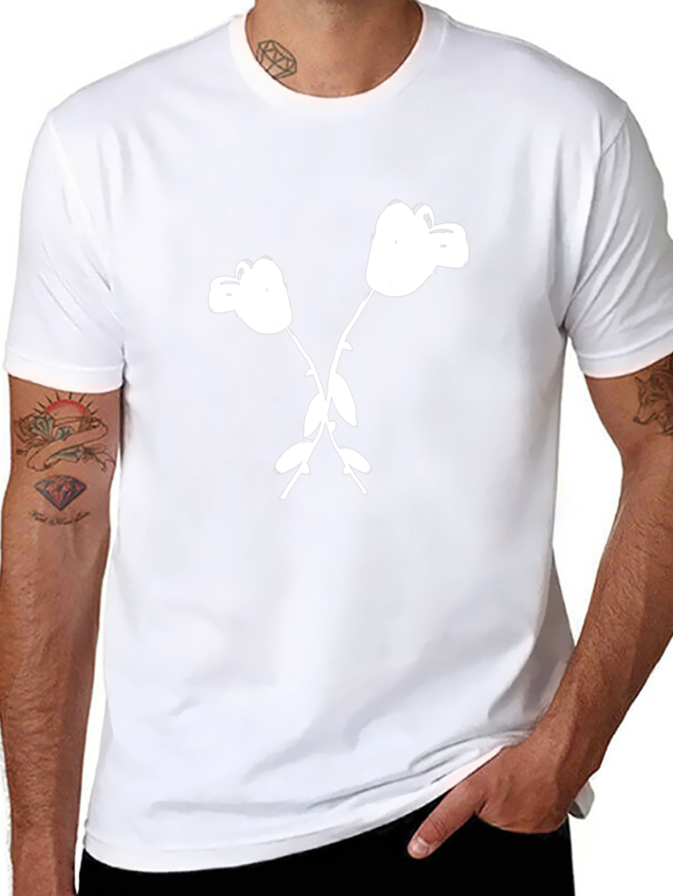 Black T-Shirt with White Cartoon Flower Graphic