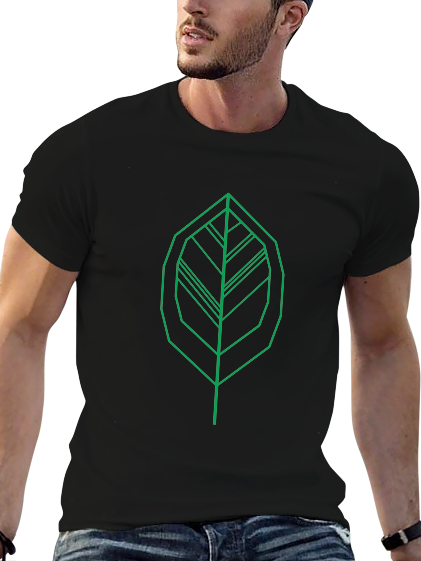 Geometric Leaf Graphic Tee - Modern Green Print