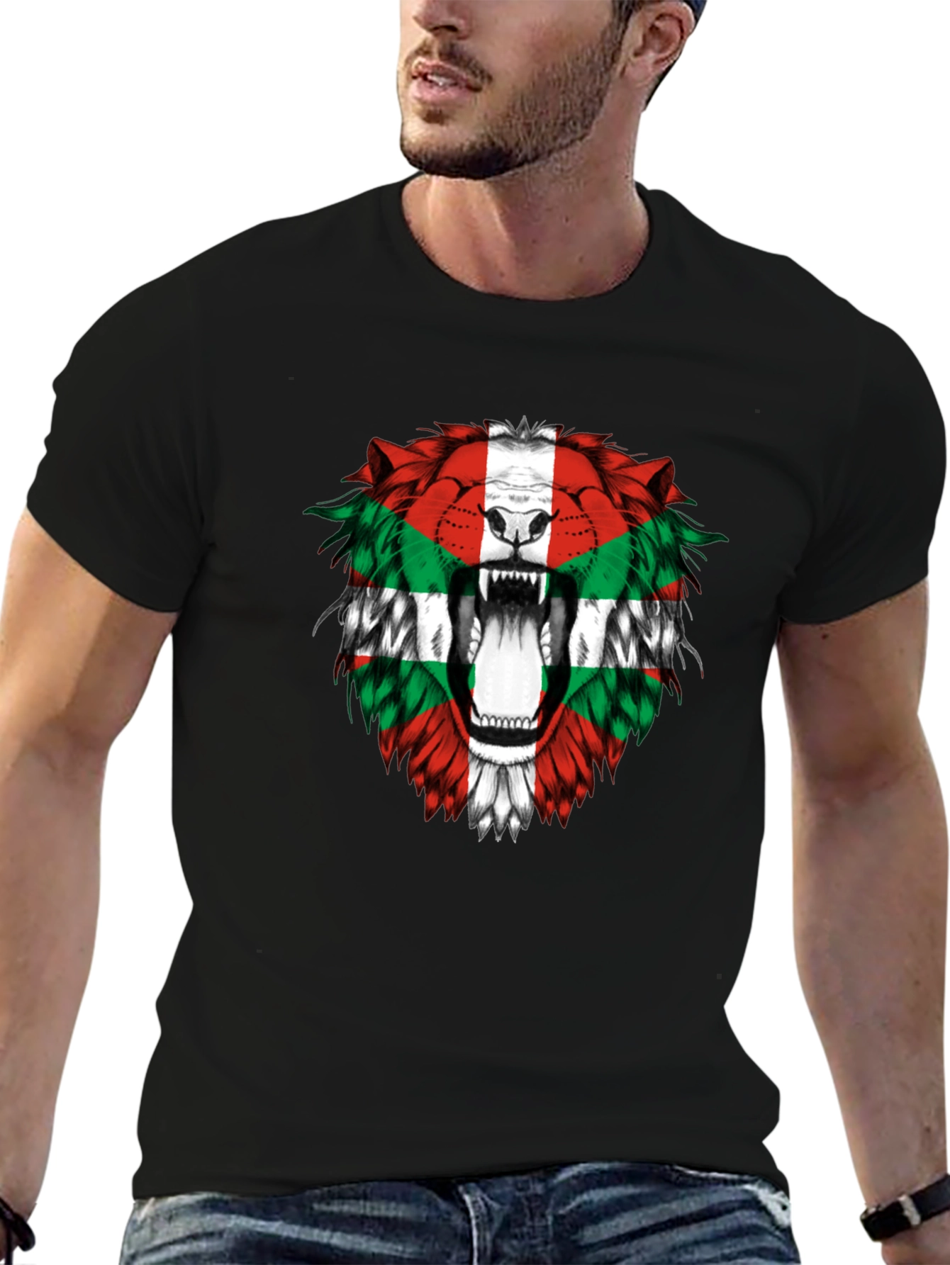 Basque Flag Lion Graphic Tee - Black Cotton T-Shirt