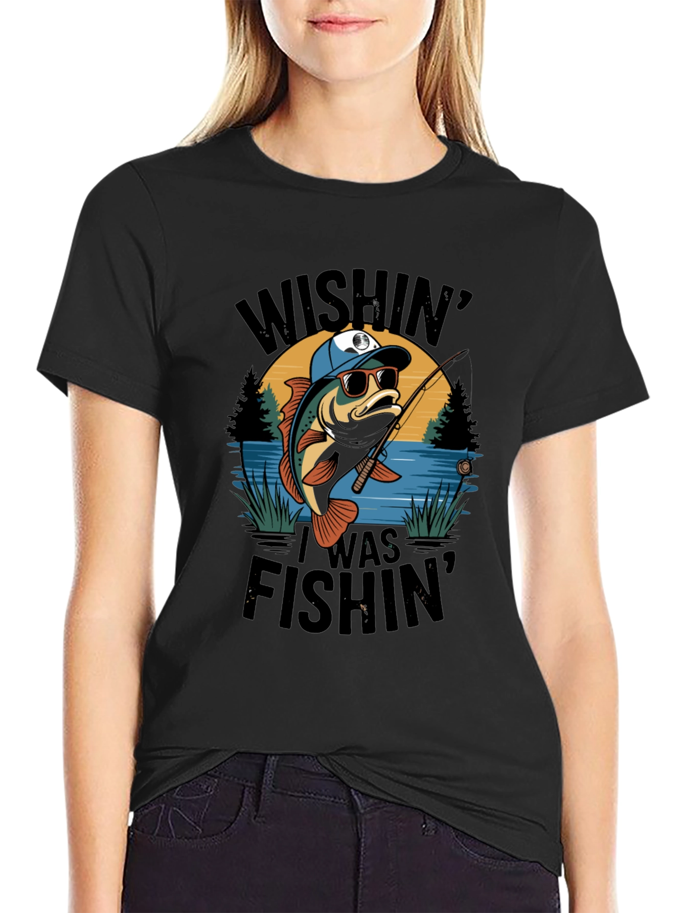 Wishin I Was Fishin Black T-Shirt