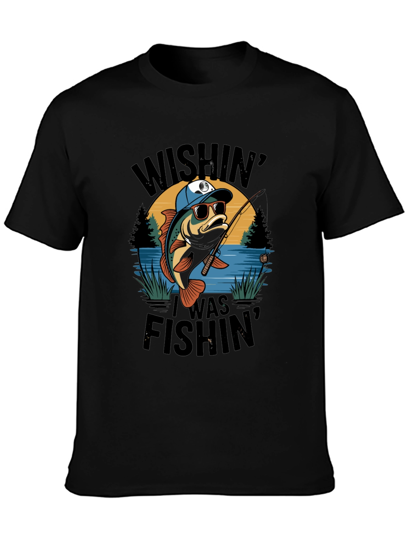 Wishin I Was Fishin Black T-Shirt