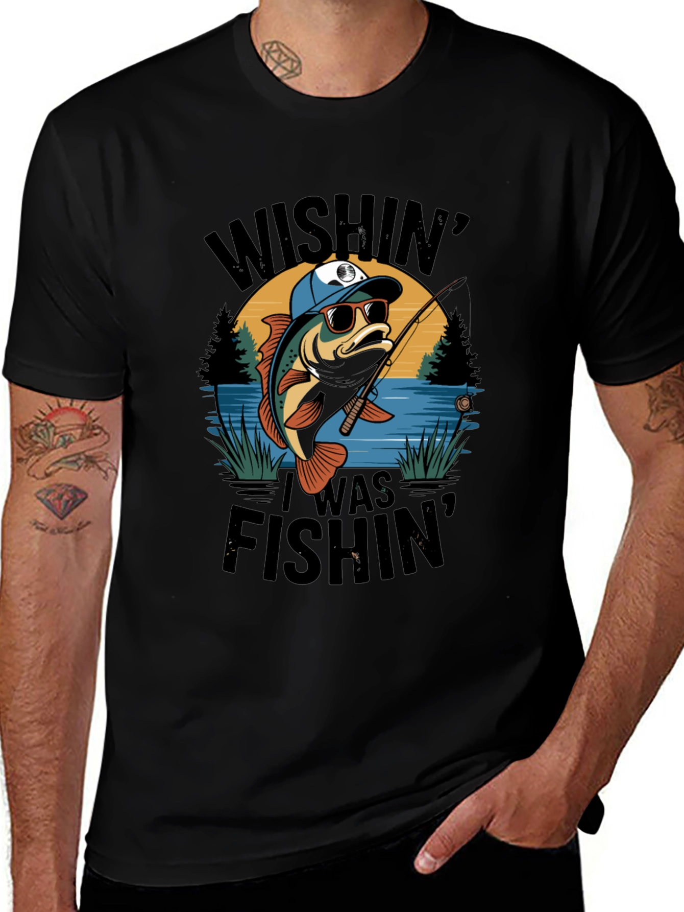 Wishin I Was Fishin Black T-Shirt
