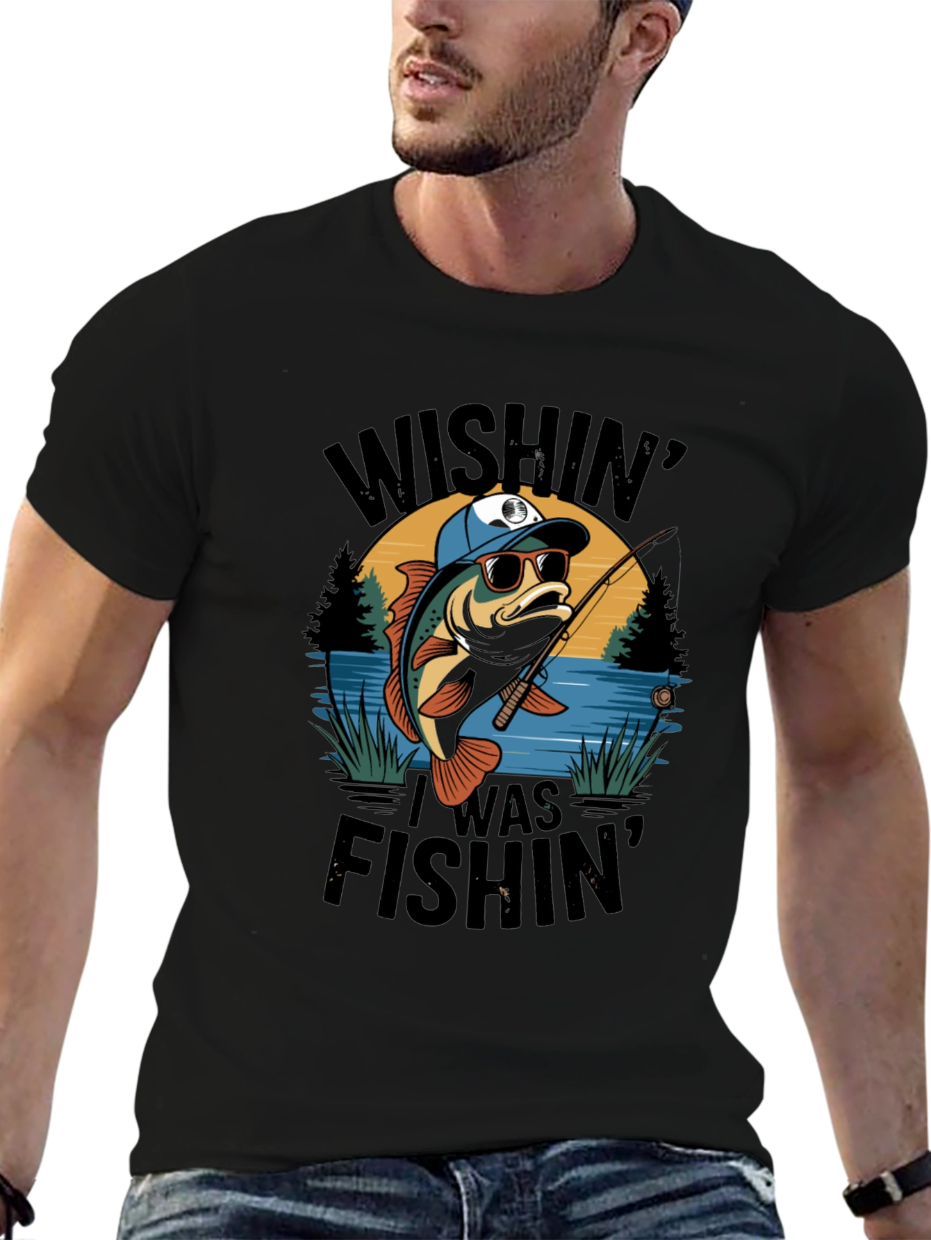 Wishin I Was Fishin Black T-Shirt
