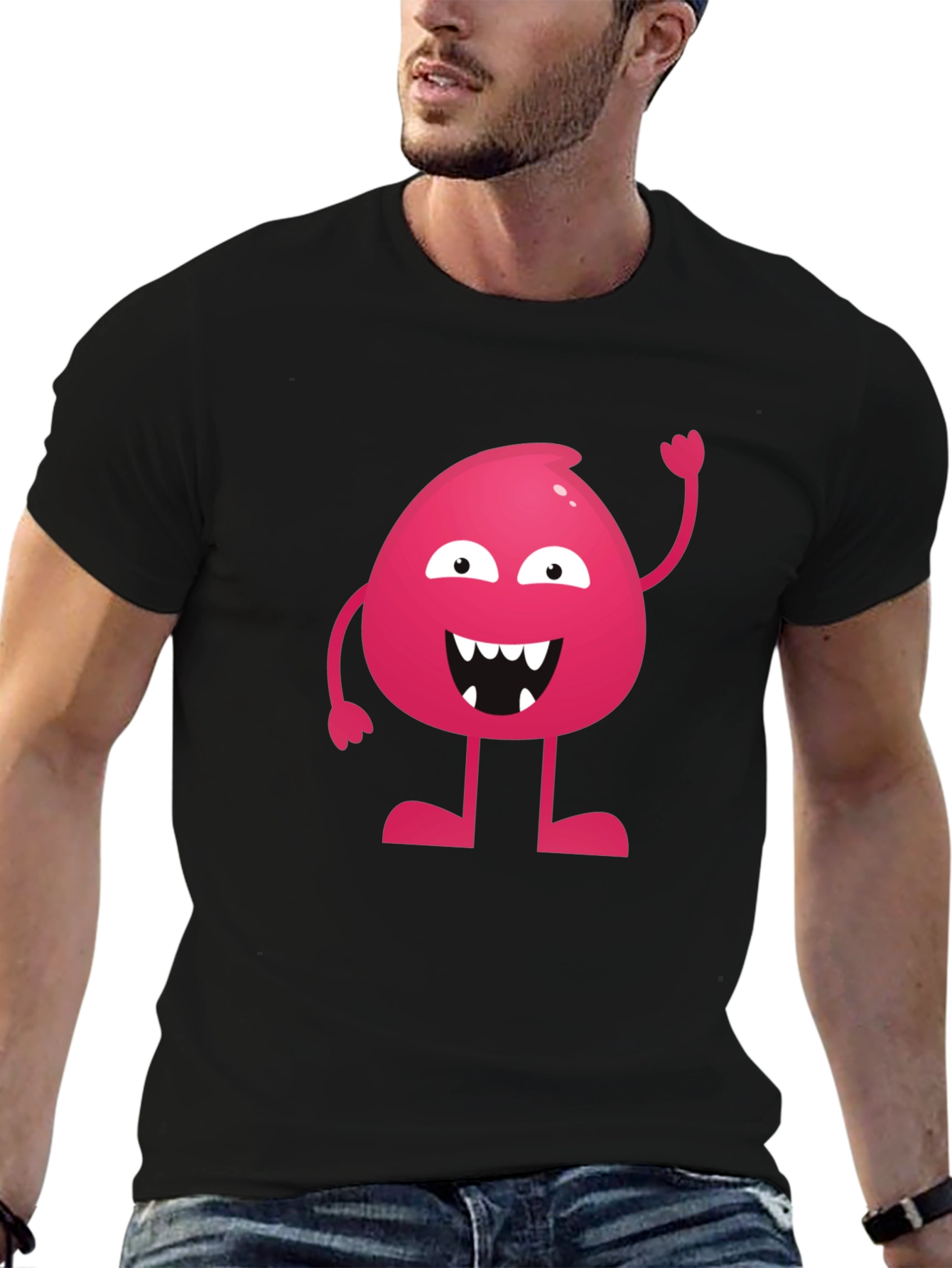 Funny Pink Monster Graphic T-Shirt - Black
