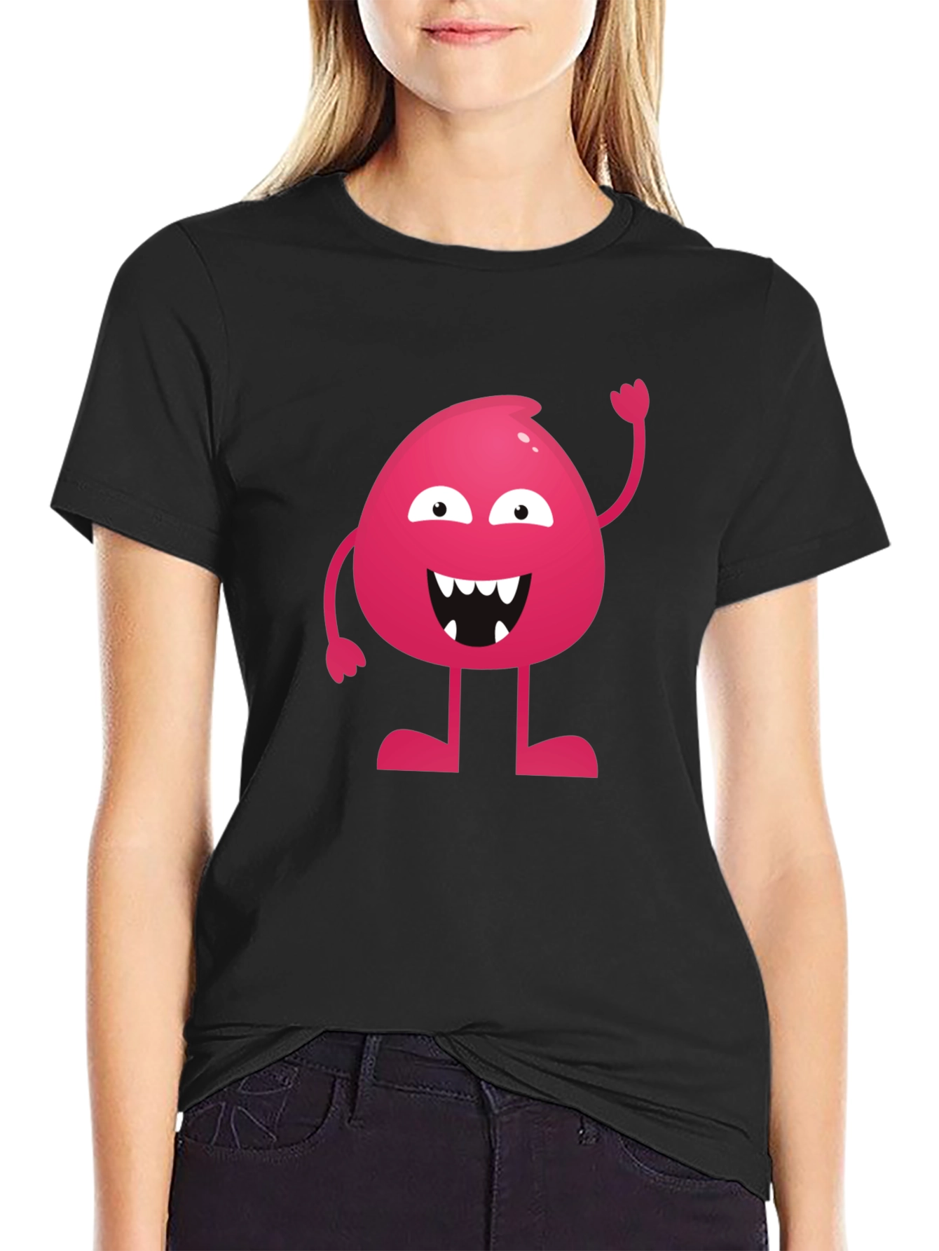 Funny Pink Monster Graphic T-Shirt - Black