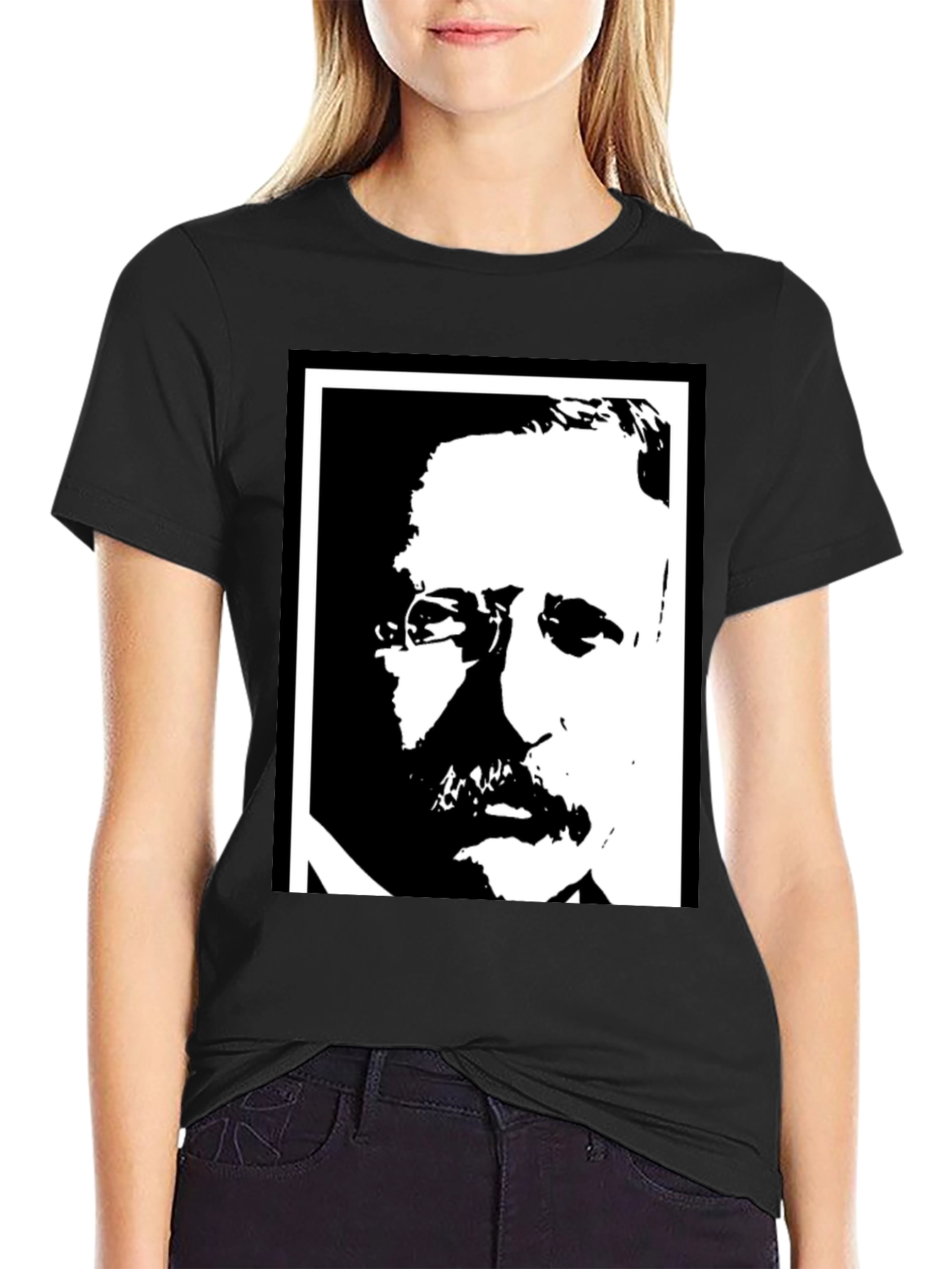 Black T-Shirt with Portrait Graphic Print