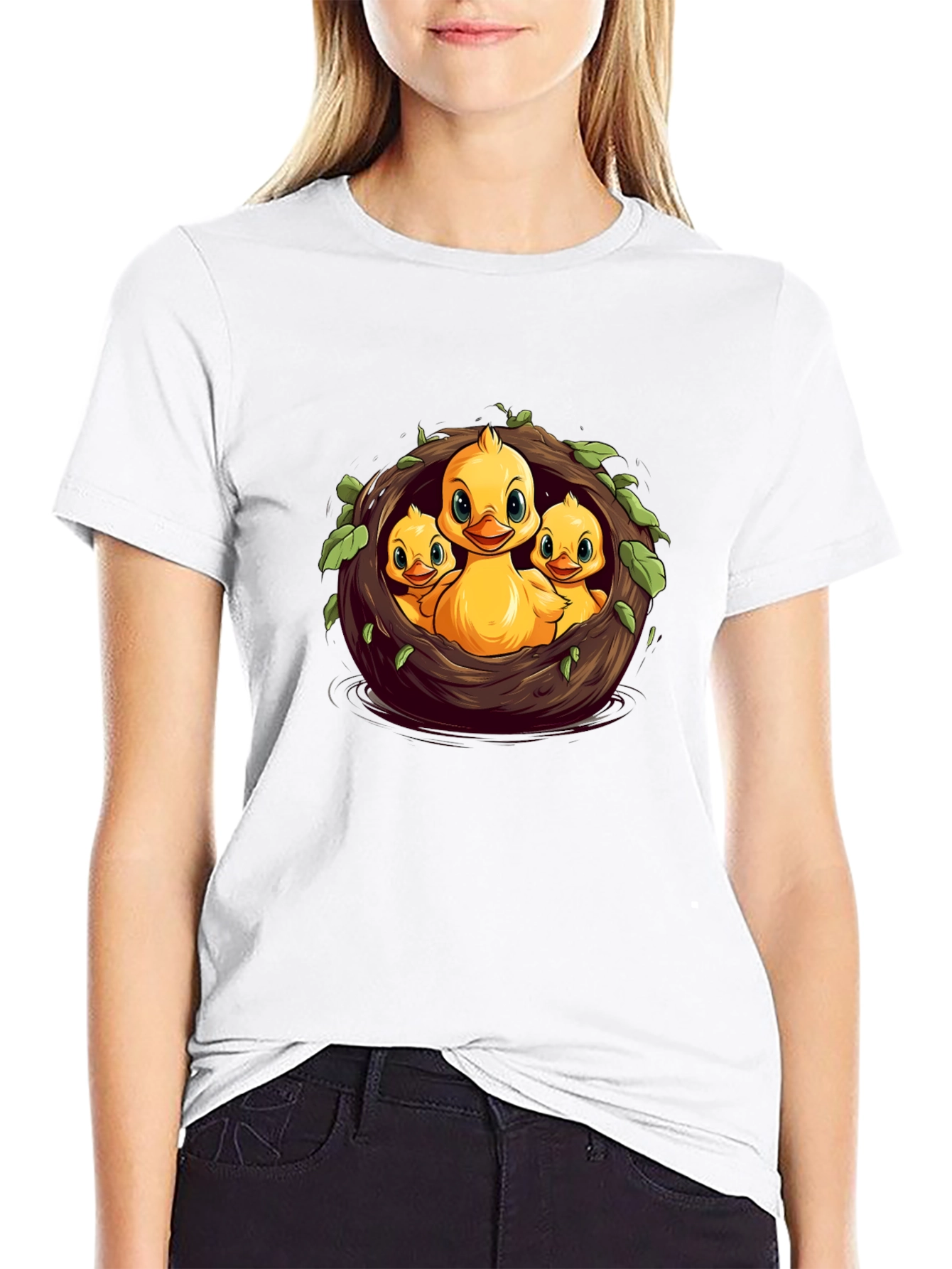 Cute Ducklings in Nest Graphic Black T-Shirt