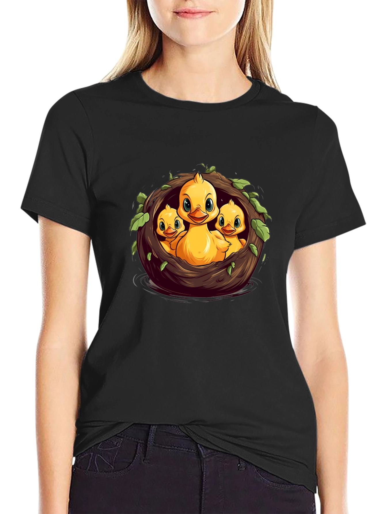 Cute Ducklings in Nest Graphic Black T-Shirt