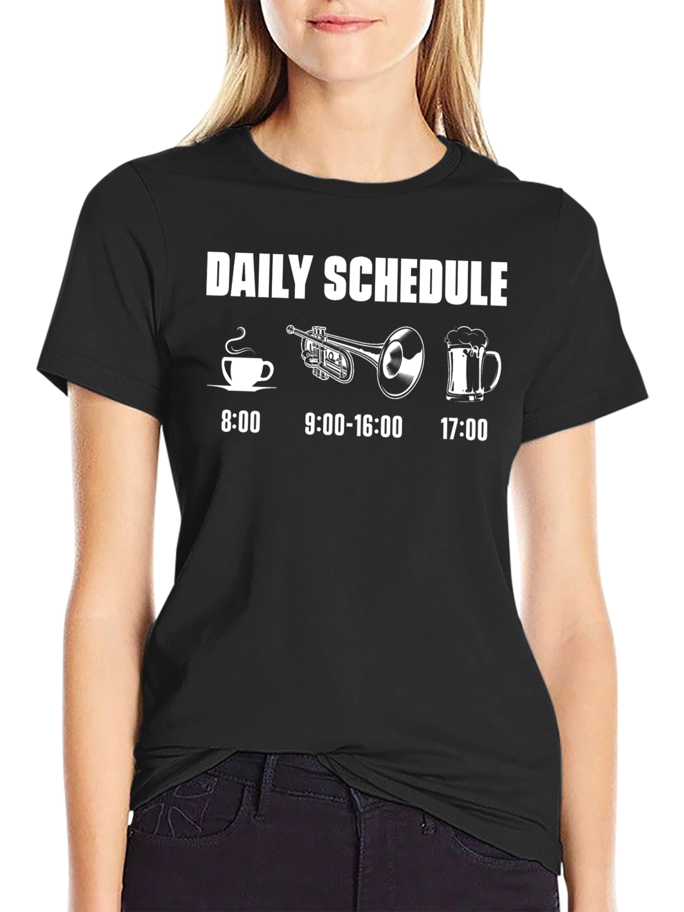 Daily Schedule T-Shirt: Coffee Trumpet Beer - Musicians Life