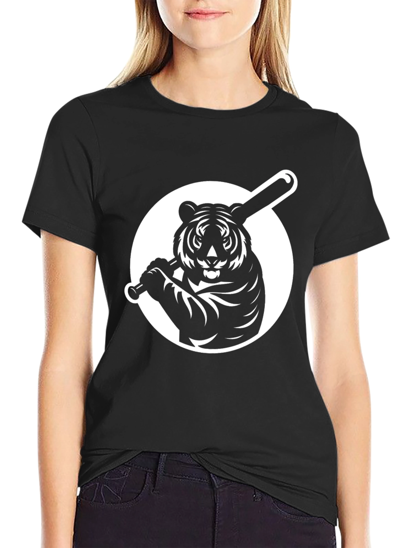 Tiger Baseball Graphic Tee - Black Cotton T-Shirt