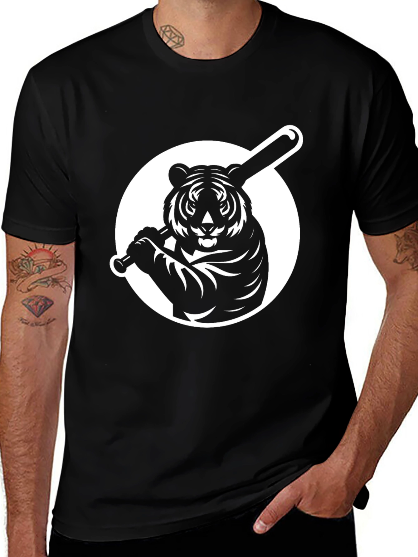 Tiger Baseball Graphic Tee - Black Cotton T-Shirt