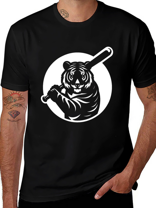 Tiger Baseball Graphic Tee - Black Cotton T-Shirt