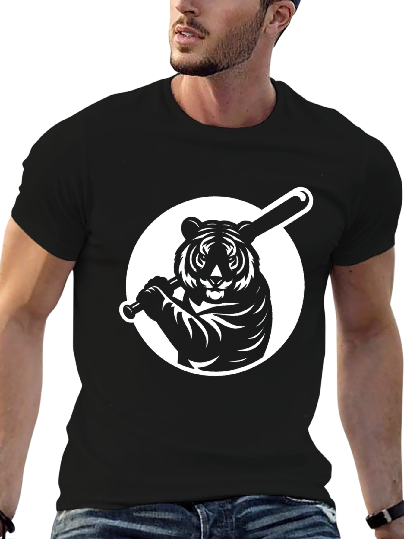 Tiger Baseball Graphic Tee - Black Cotton T-Shirt