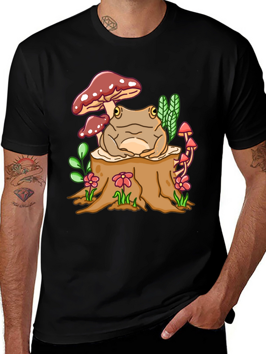 Frog on Stump Graphic Tee - Whimsical Forest Design