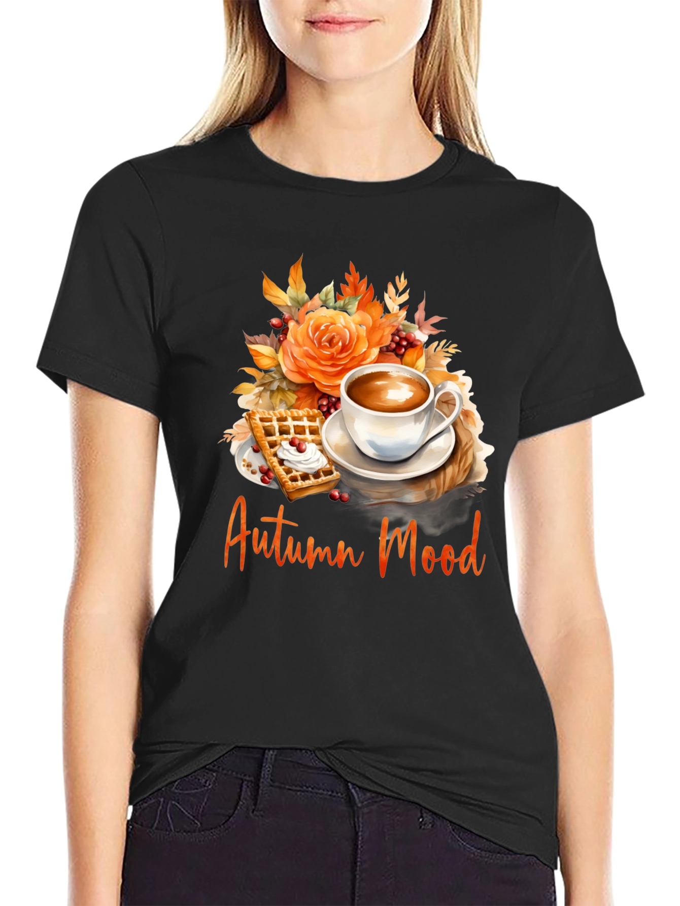 Autumn Mood T-Shirt - Coffee Waffle Floral Design