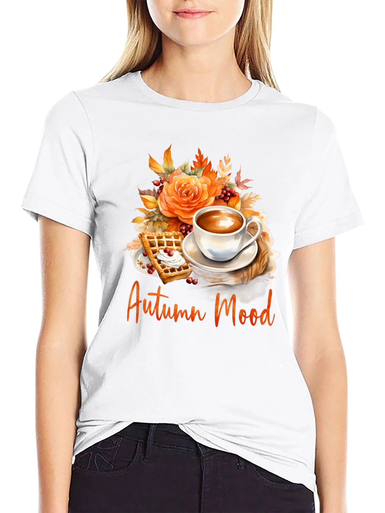 Autumn Mood T-Shirt - Coffee Waffle Floral Design