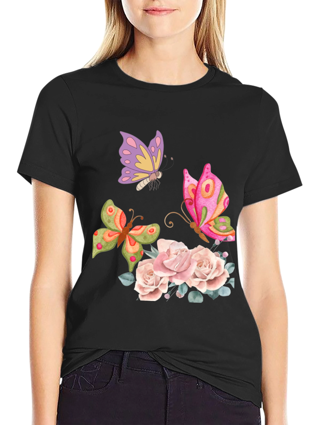 Butterfly Floral Graphic T-Shirt - Elegant Casual Wear