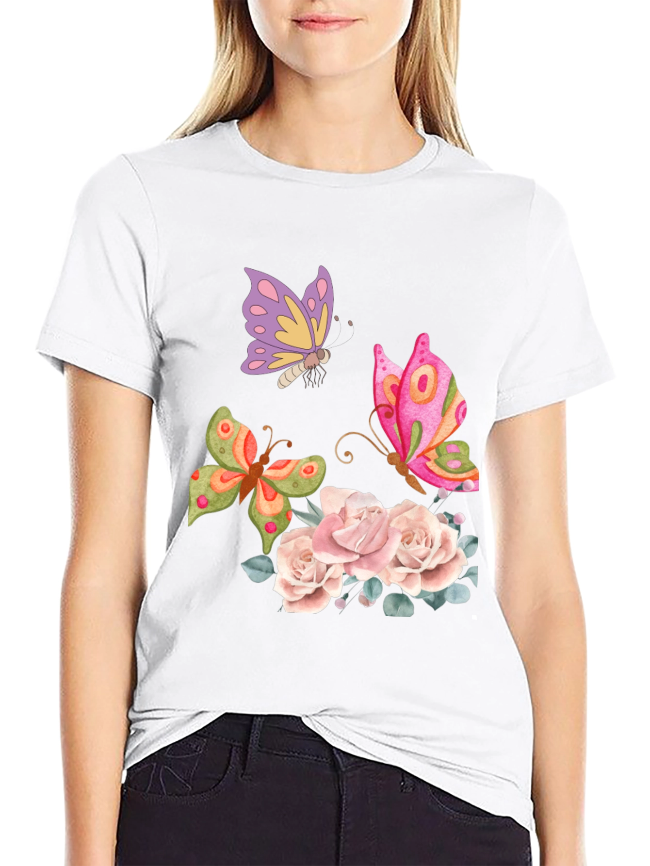 Butterfly Floral Graphic T-Shirt - Elegant Casual Wear
