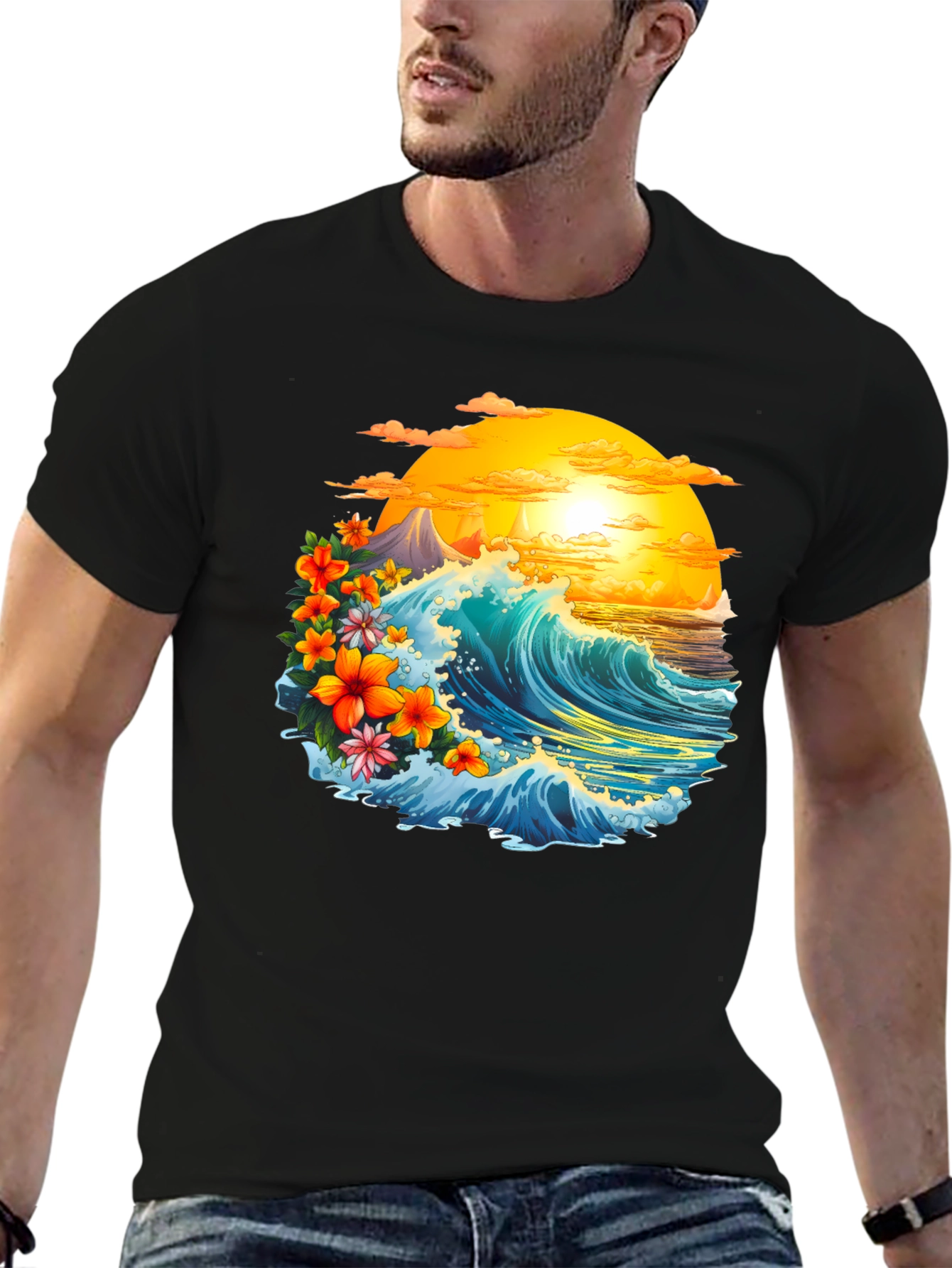 Tropical Wave Graphic Tee - Black