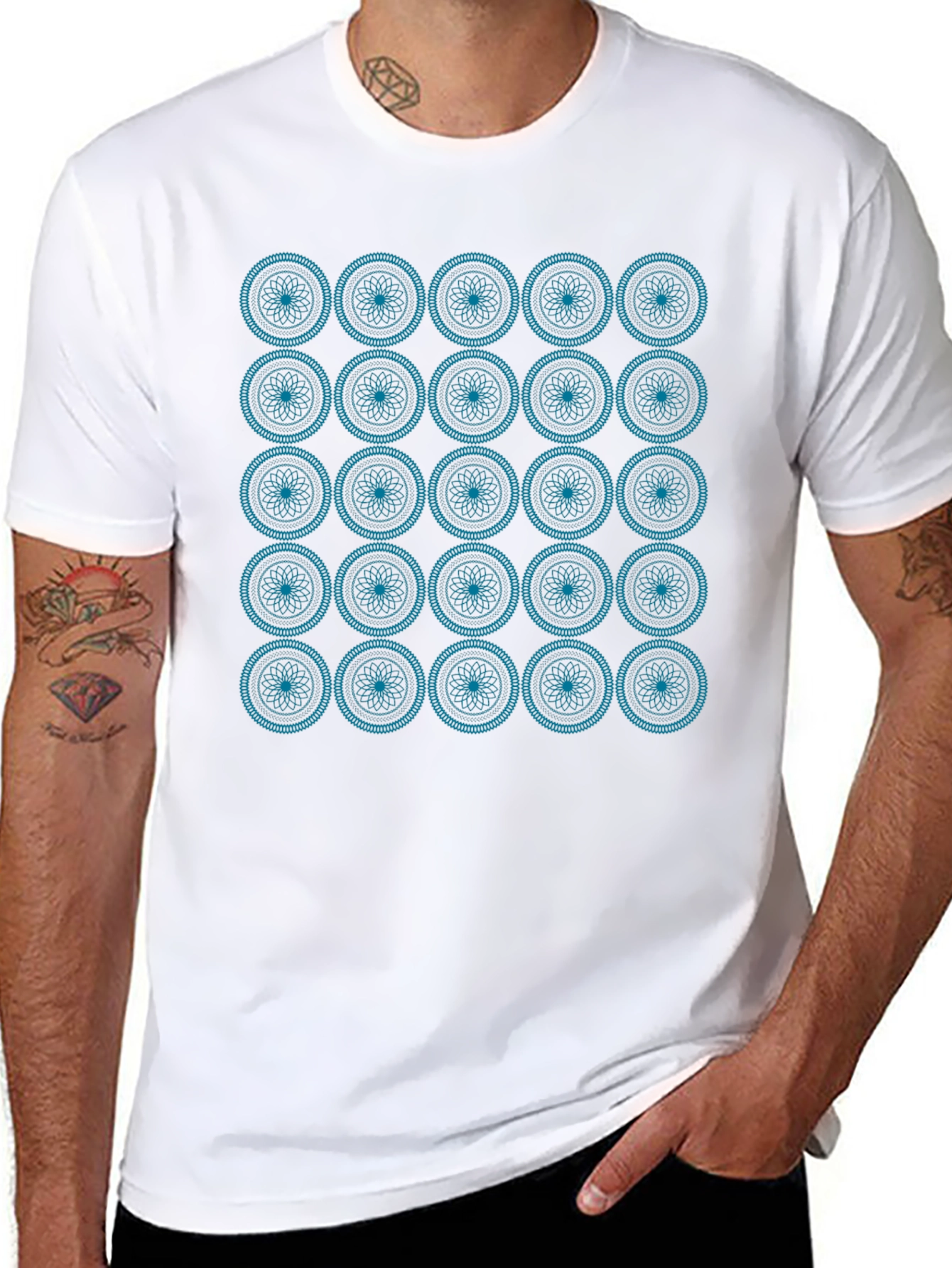 Geometric Teal Pattern Black T-Shirt