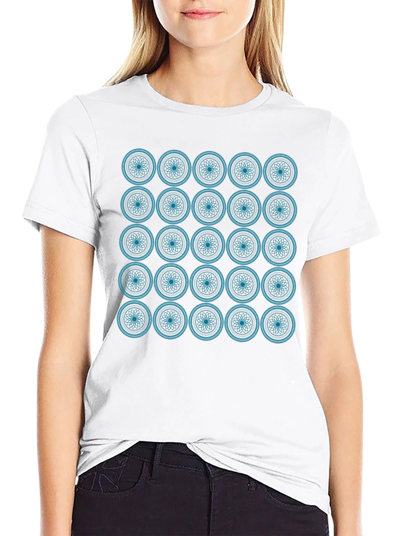 Geometric Teal Pattern Black T-Shirt
