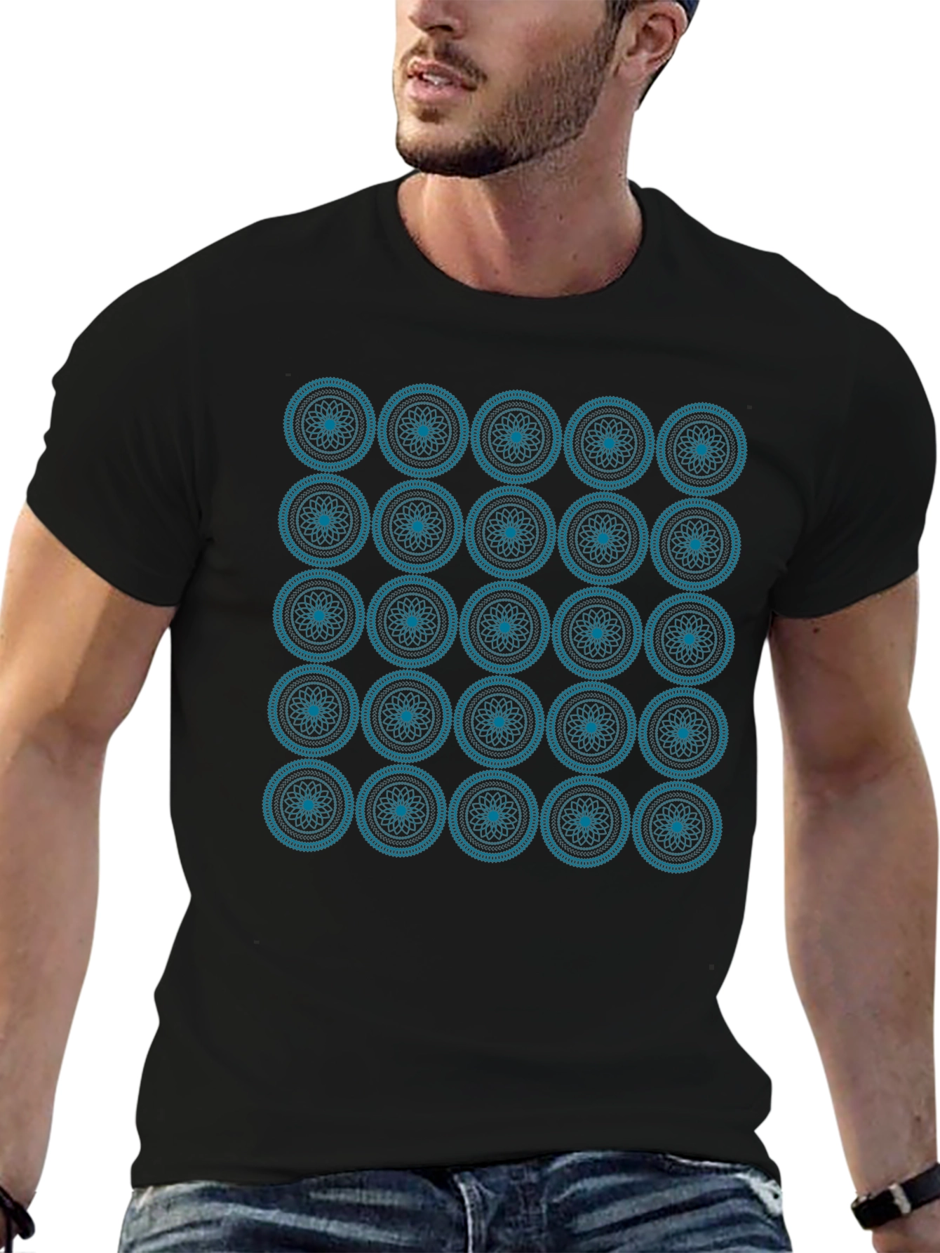 Geometric Teal Pattern Black T-Shirt