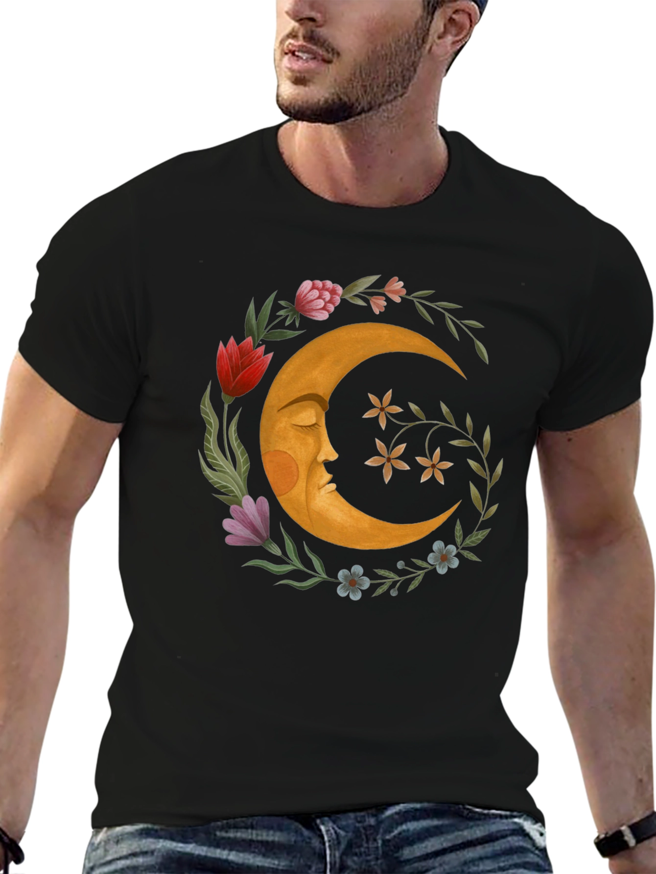 Celestial Crescent Moon Floral Graphic T-Shirt