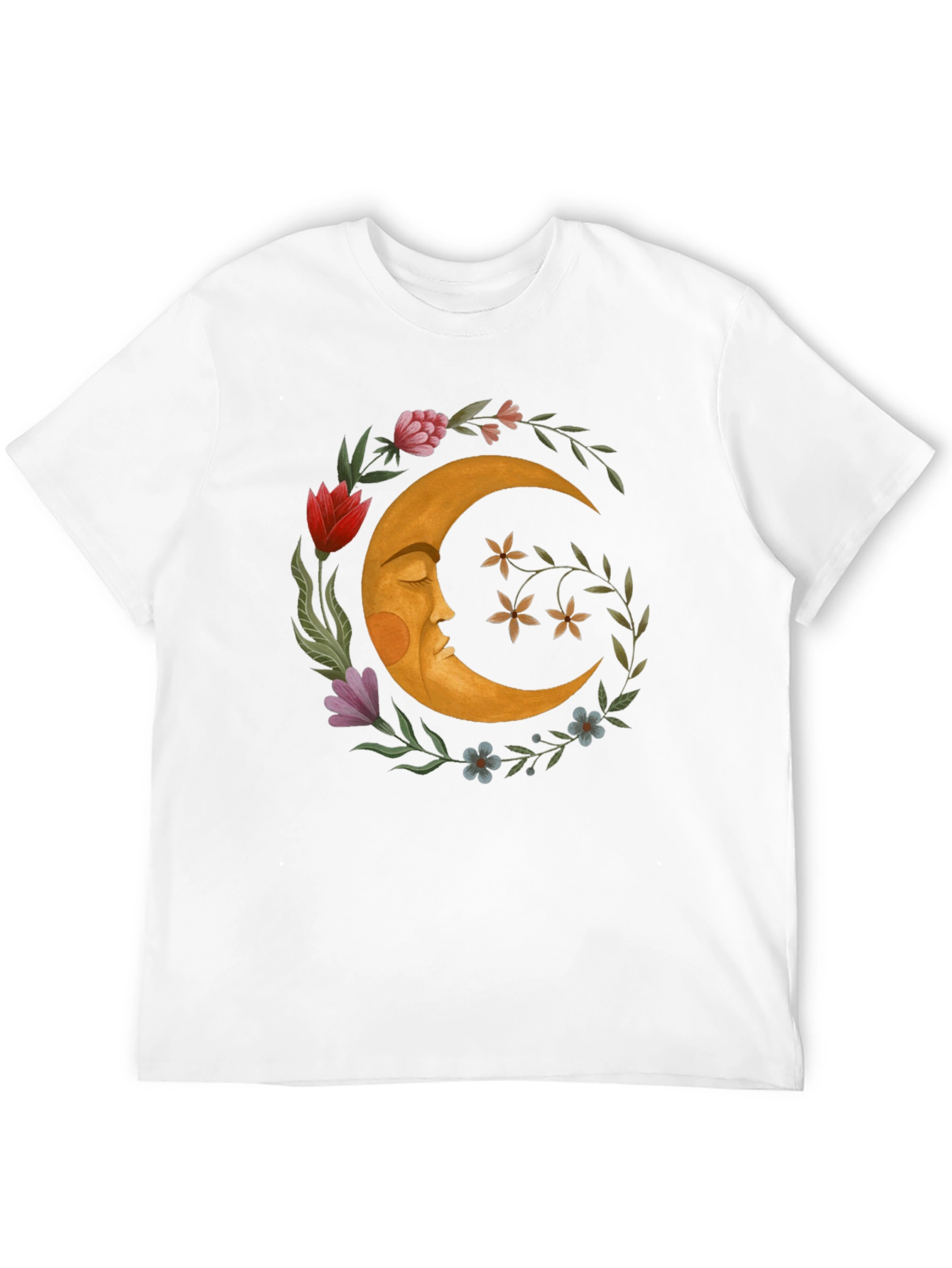 Celestial Crescent Moon Floral Graphic T-Shirt