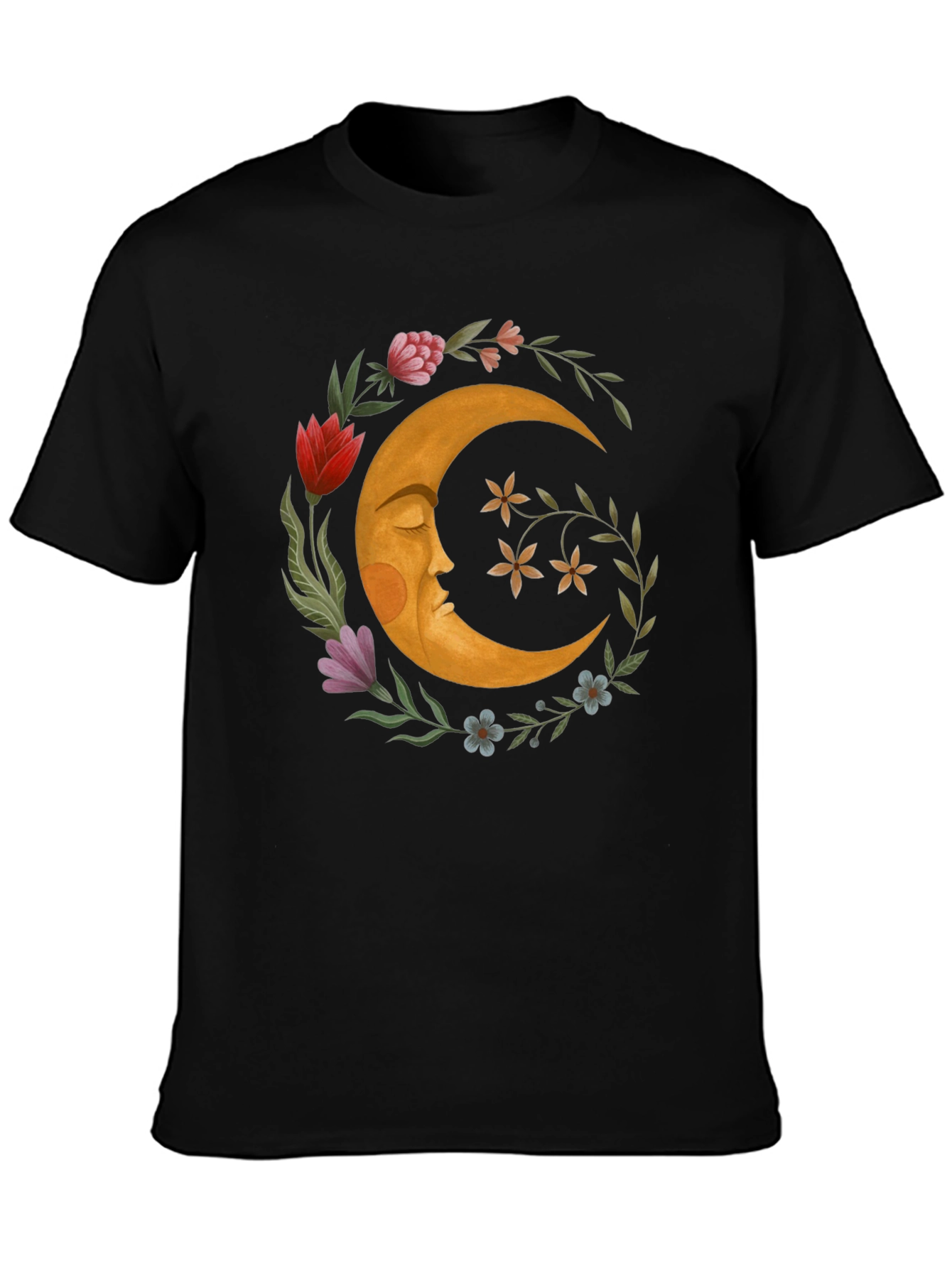 Celestial Crescent Moon Floral Graphic T-Shirt