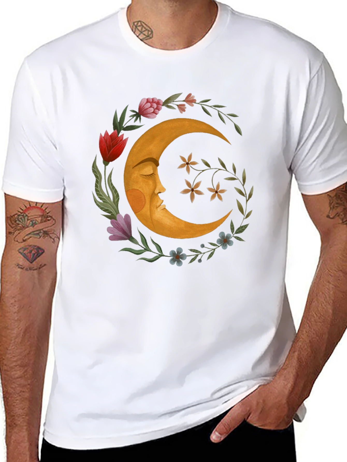 Celestial Crescent Moon Floral Graphic T-Shirt