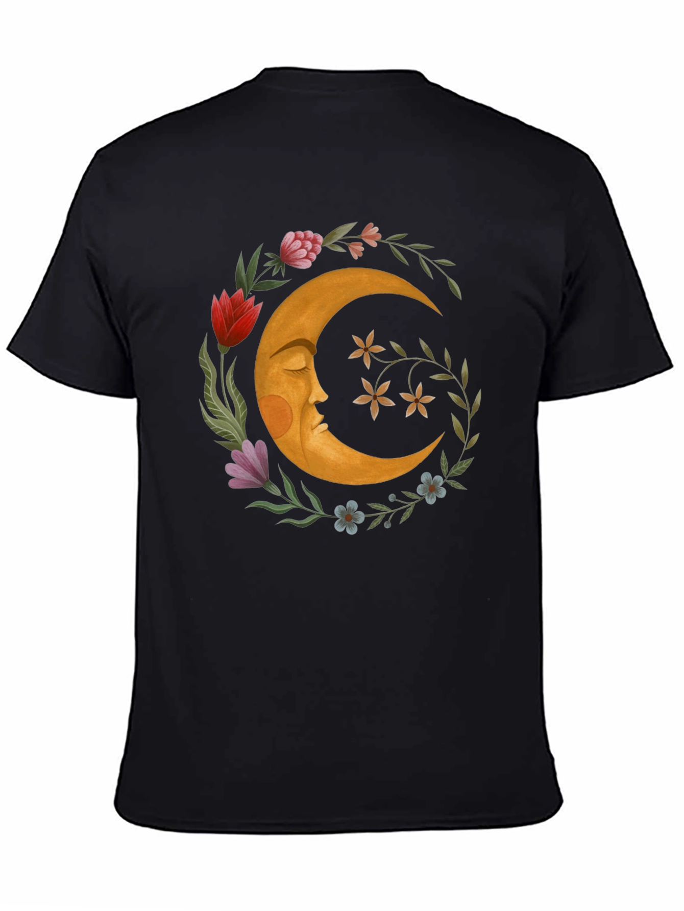 Celestial Crescent Moon Floral Graphic T-Shirt