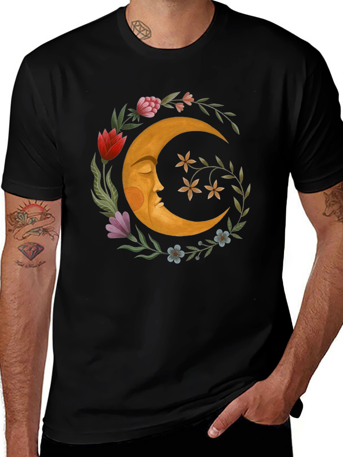 Celestial Crescent Moon Floral Graphic T-Shirt
