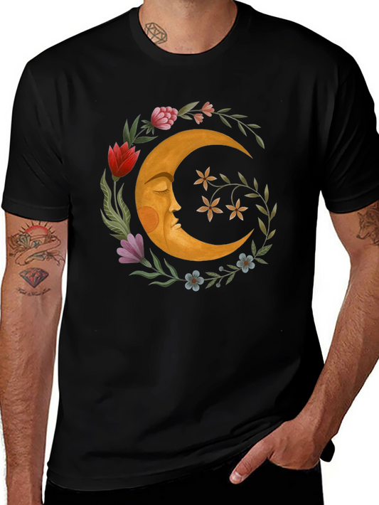 Celestial Crescent Moon Floral Graphic T-Shirt