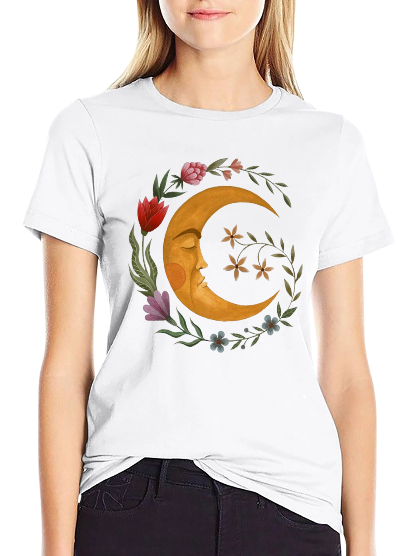 Celestial Crescent Moon Floral Graphic T-Shirt