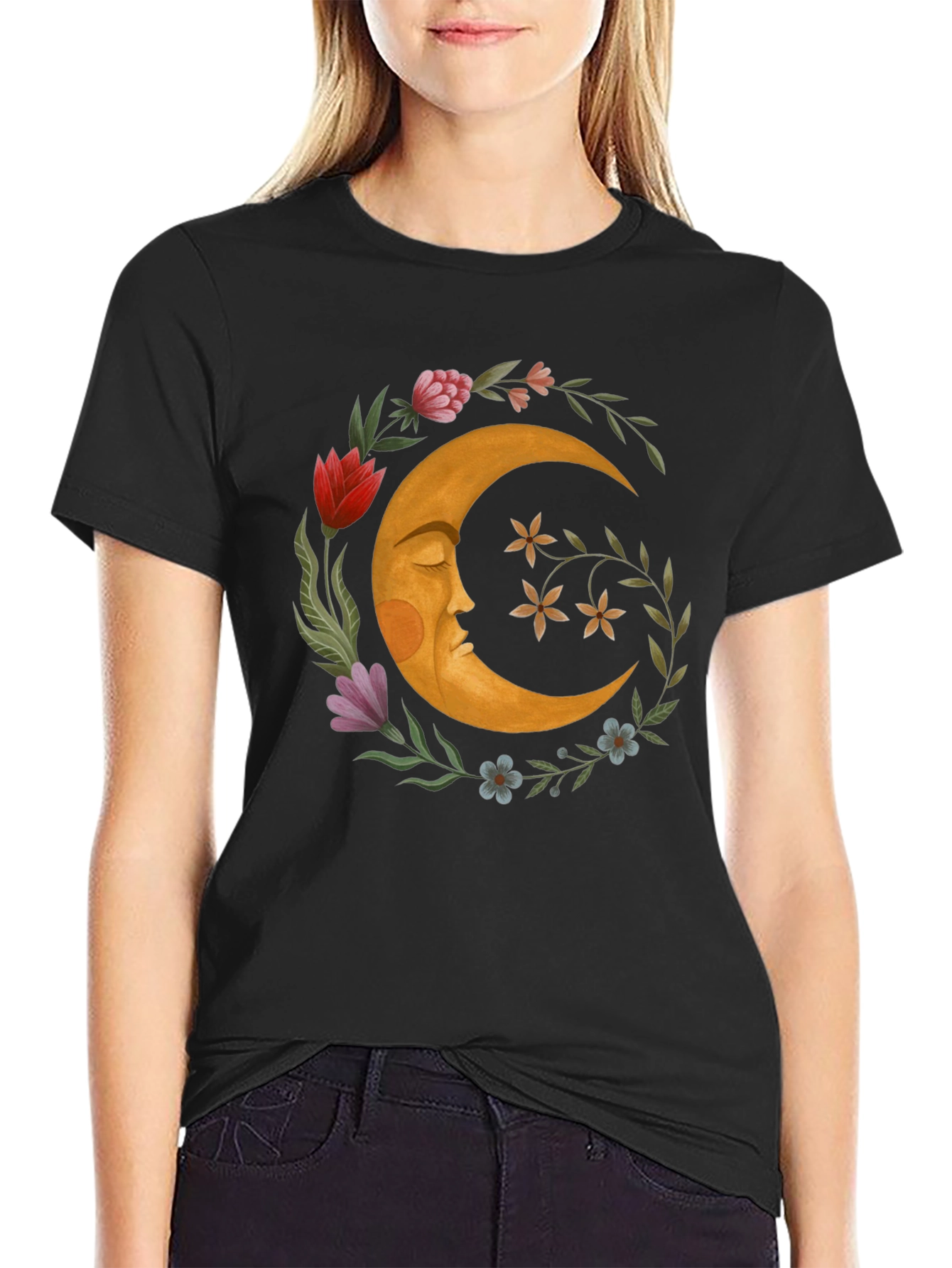 Celestial Crescent Moon Floral Graphic T-Shirt