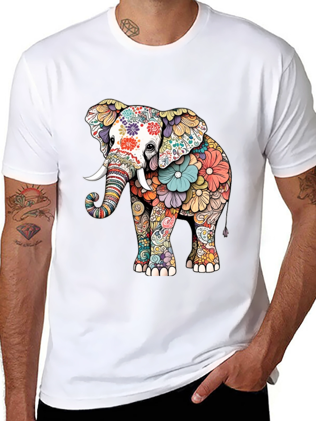 Floral Elephant Graphic Tee - Artistic Animal Design