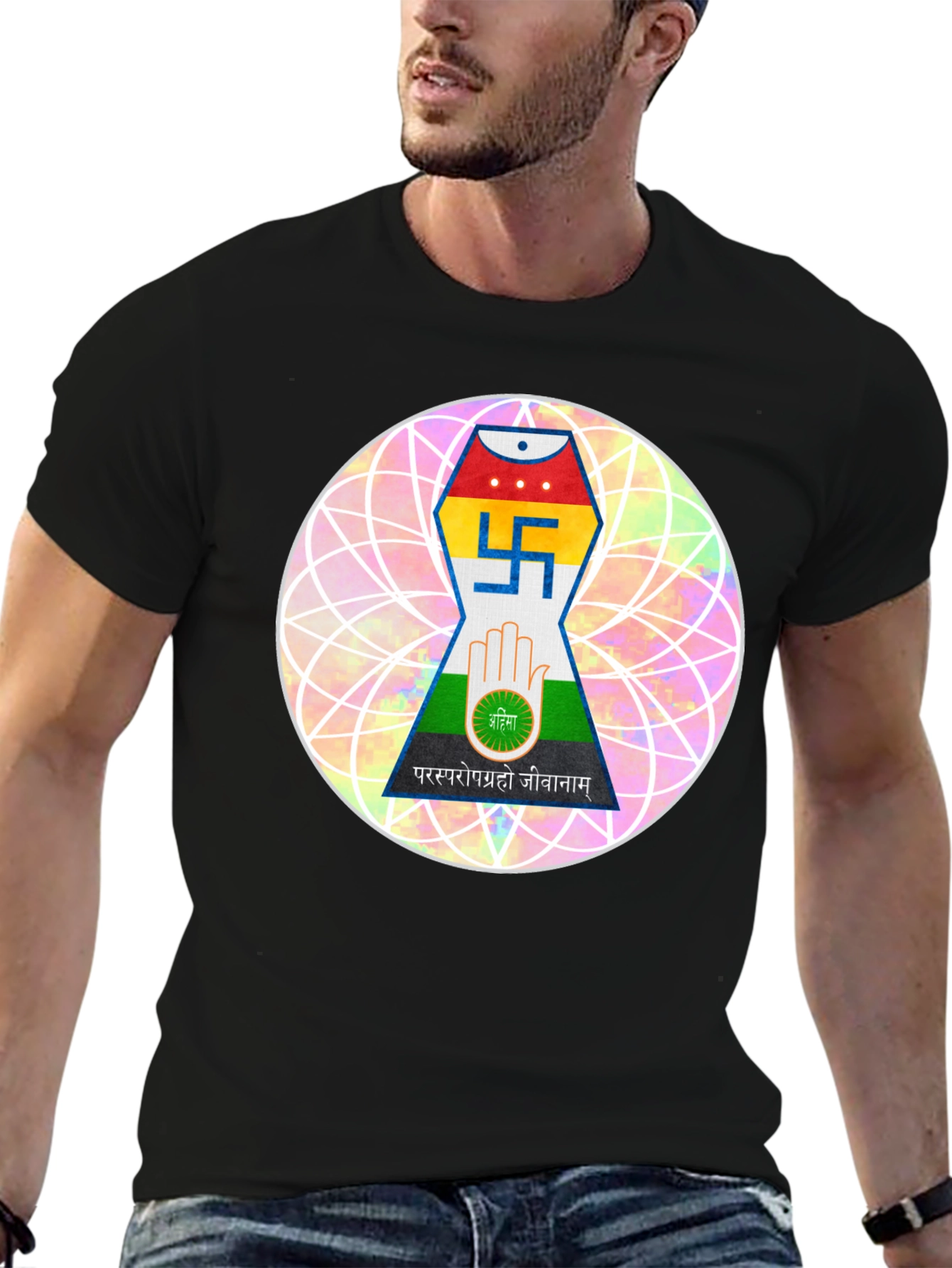 Jain Symbol T-Shirt - Black Cotton Graphic Tee